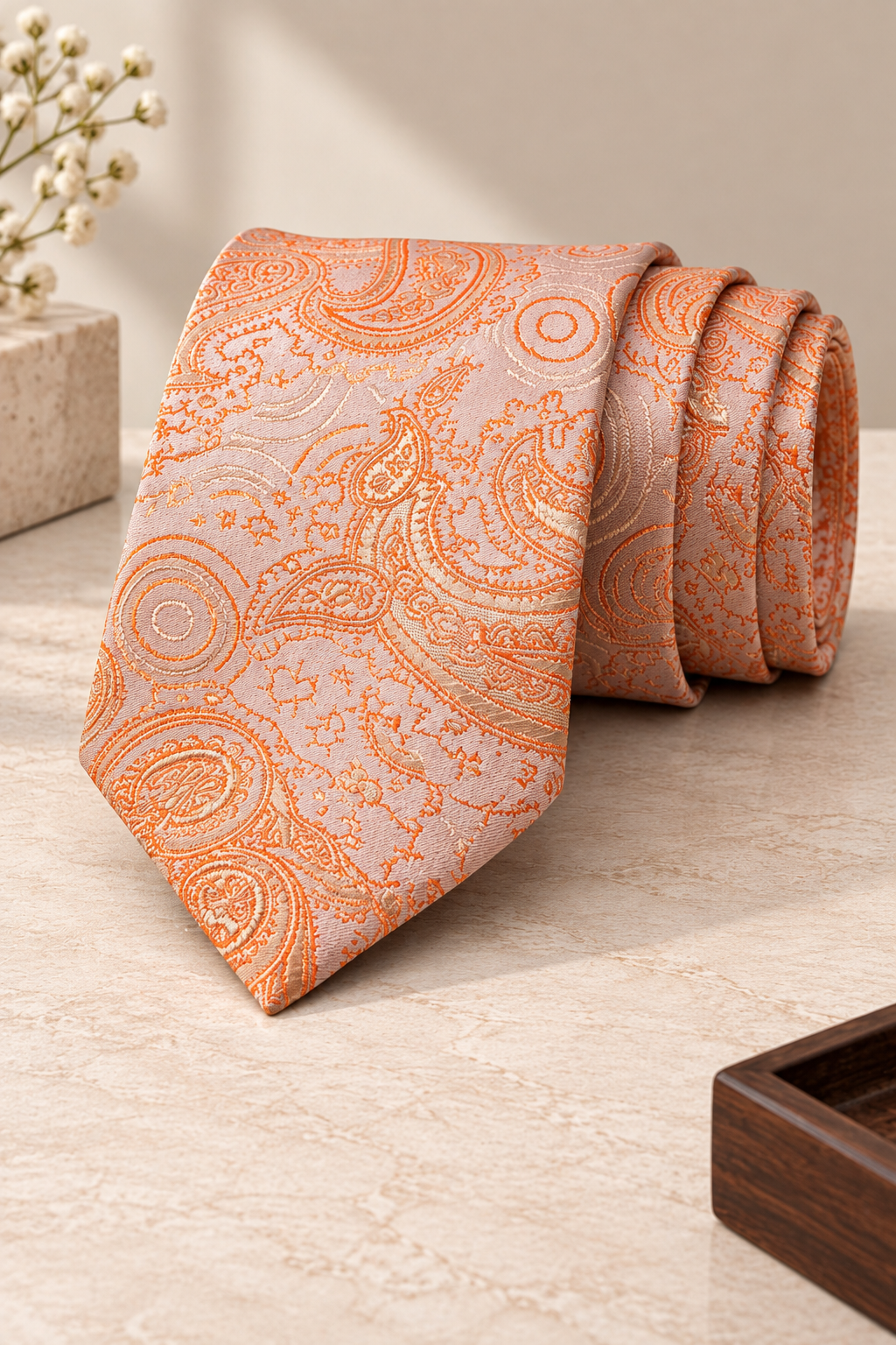 Coral Peach Paisley Microsilk Tie
