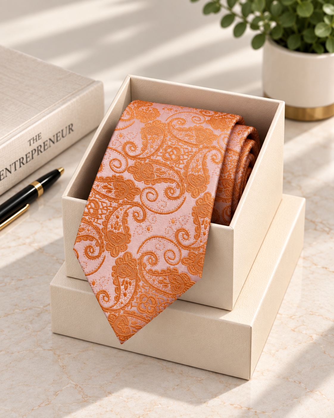 Coral Peach Paisley Microsilk Tie