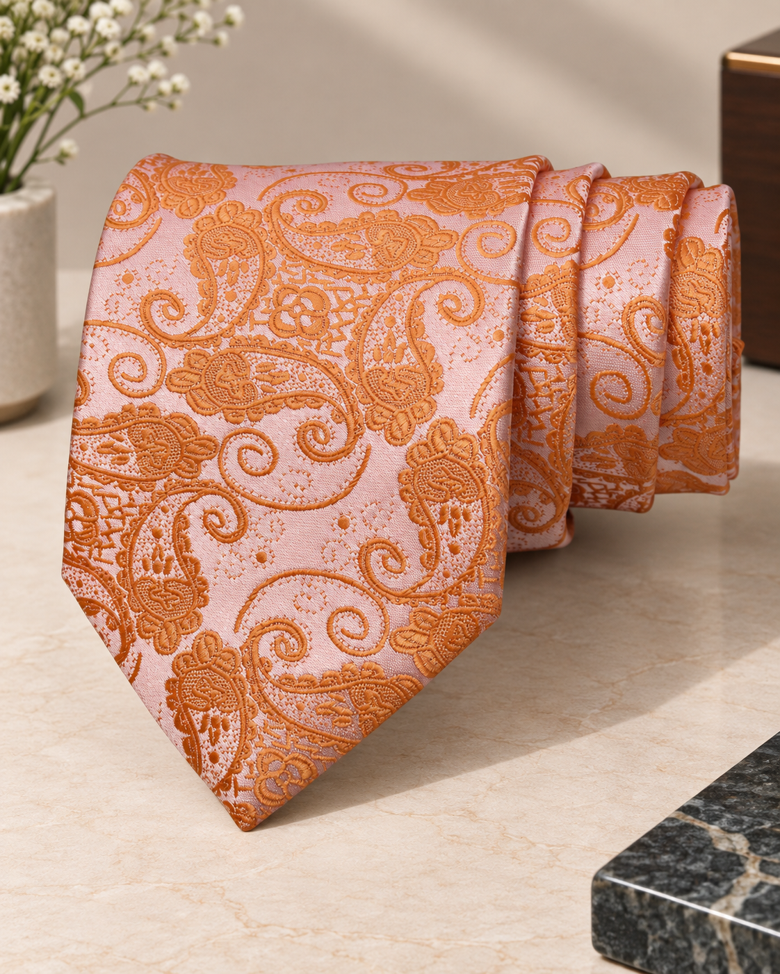 Coral Peach Paisley Microsilk Tie