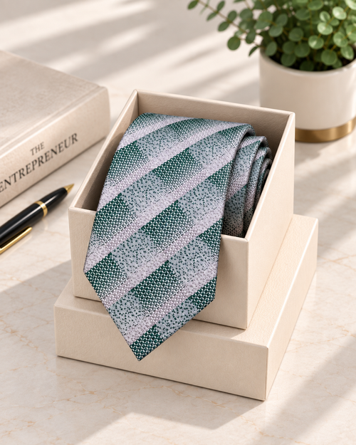 Silver & Sage Green Checkered Microsilk Tie