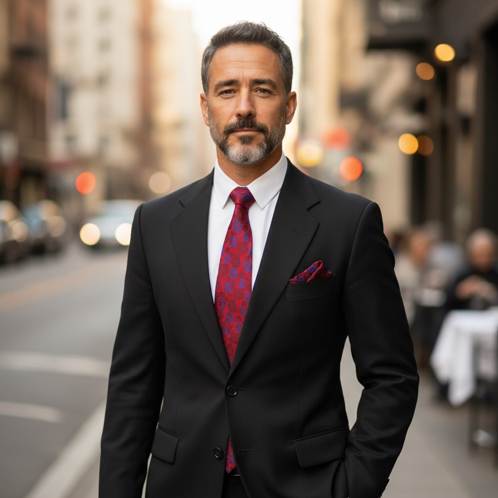 Red & Blue Floral MicroSilk Necktie Set with Matching Pocket Square