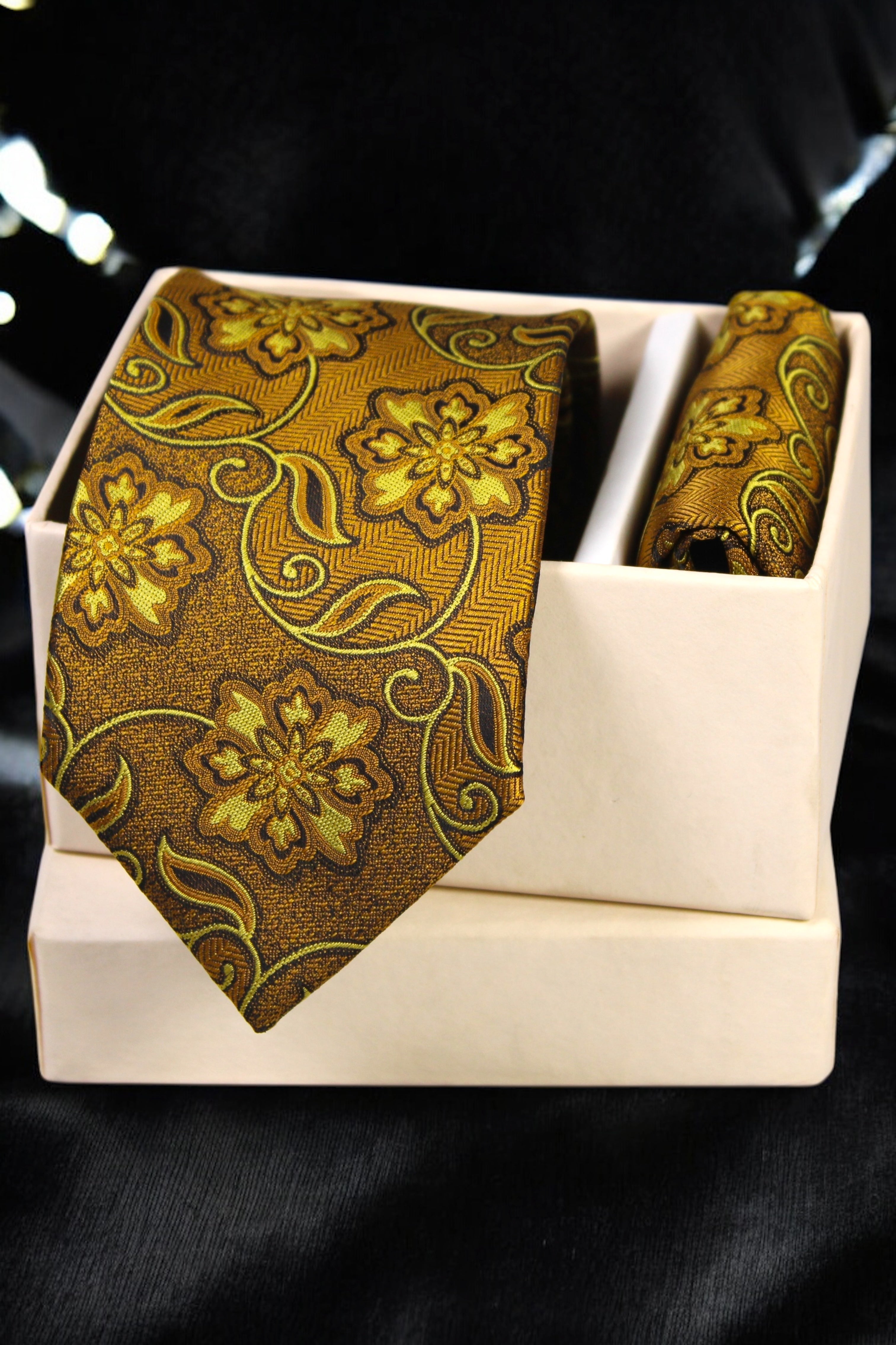 Golden Yellow Floral Tie & Pocket Square Set