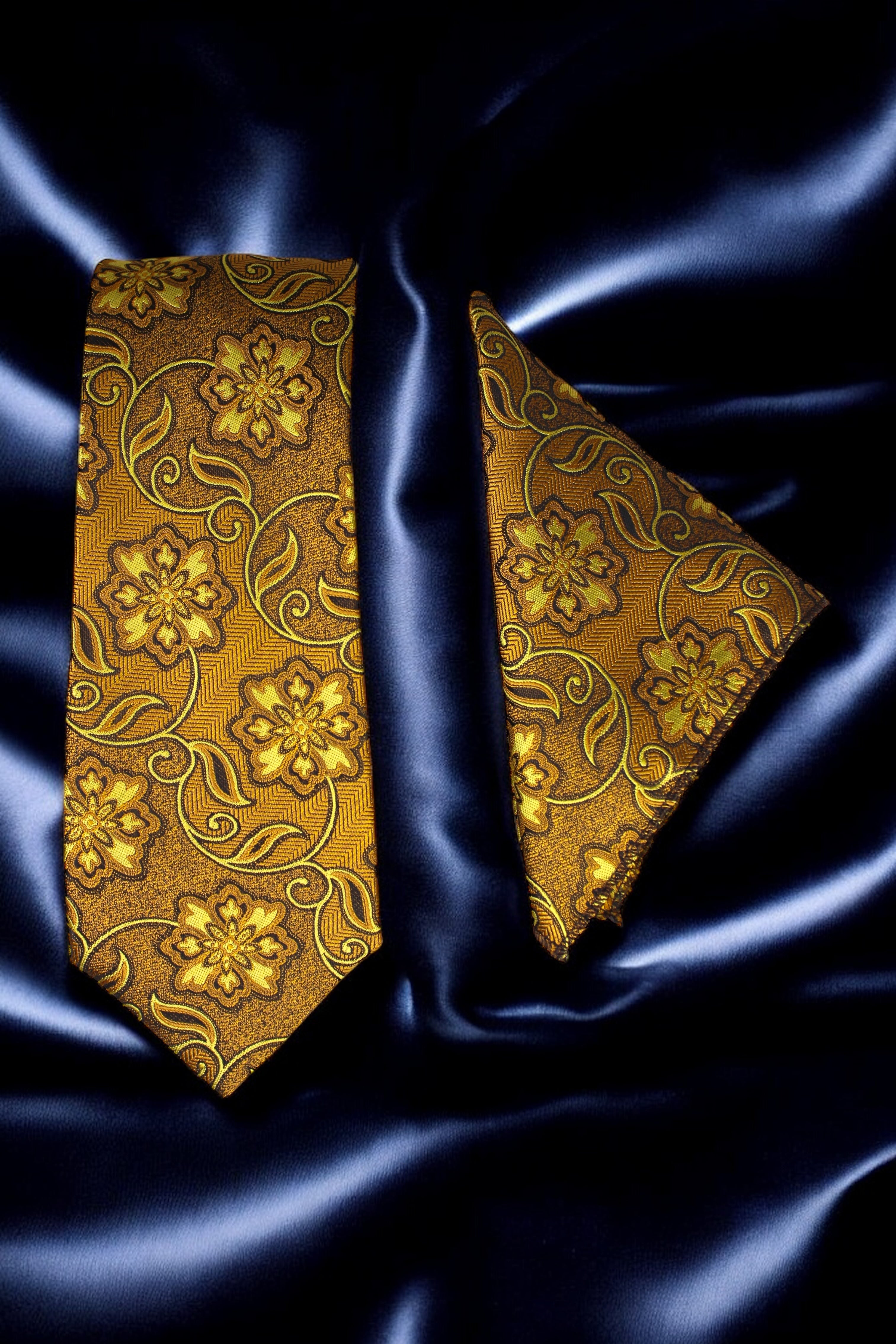 Golden Yellow Floral Tie & Pocket Square Set