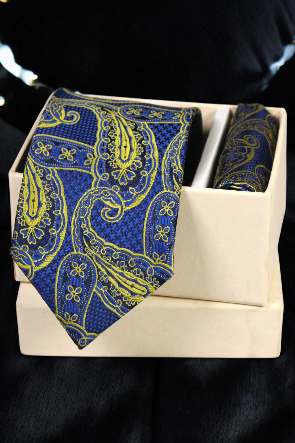 Royal Blue & Yellow Paisley Tie and Pocket Square Set