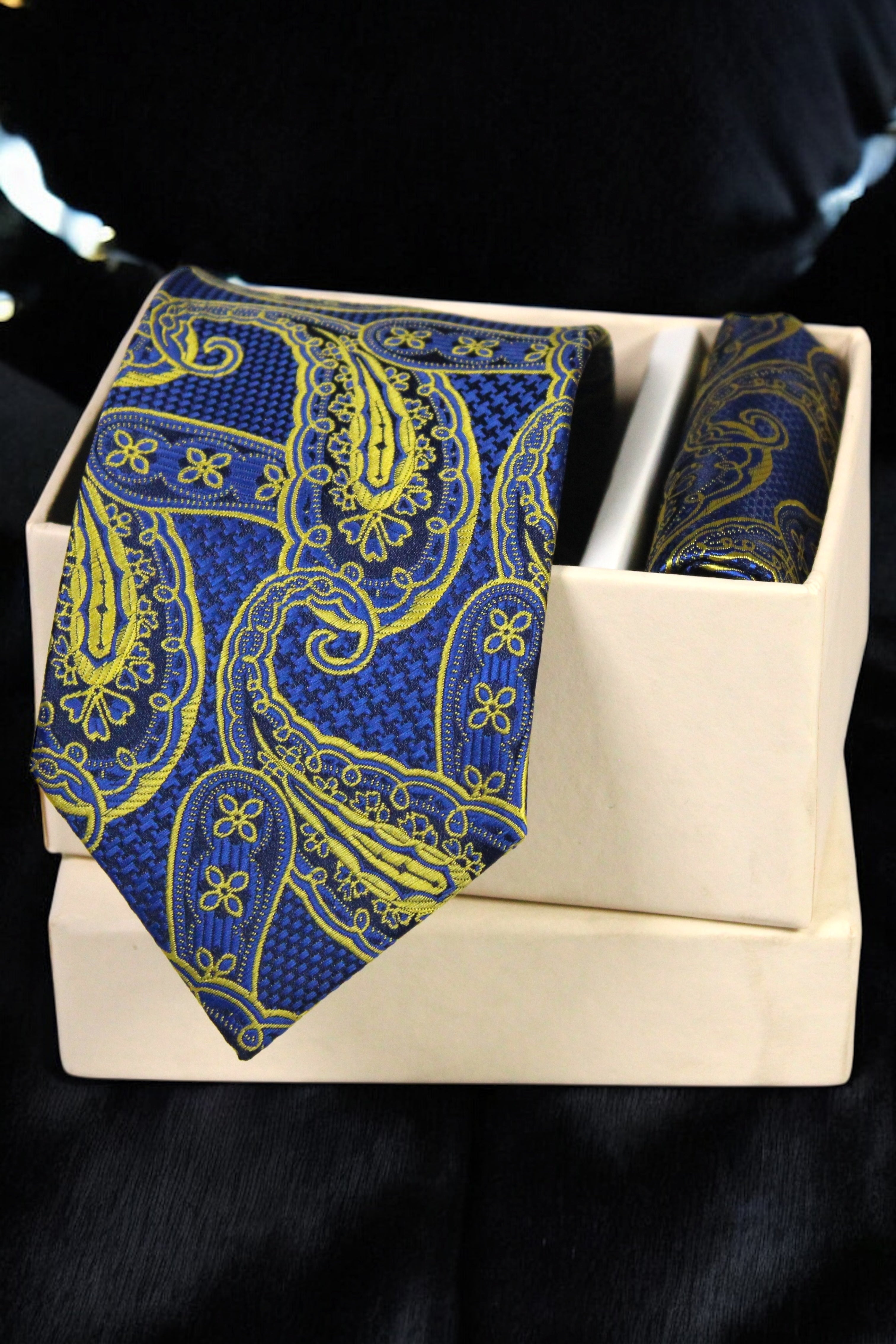 Royal Blue & Yellow Paisley Tie and Pocket Square Set