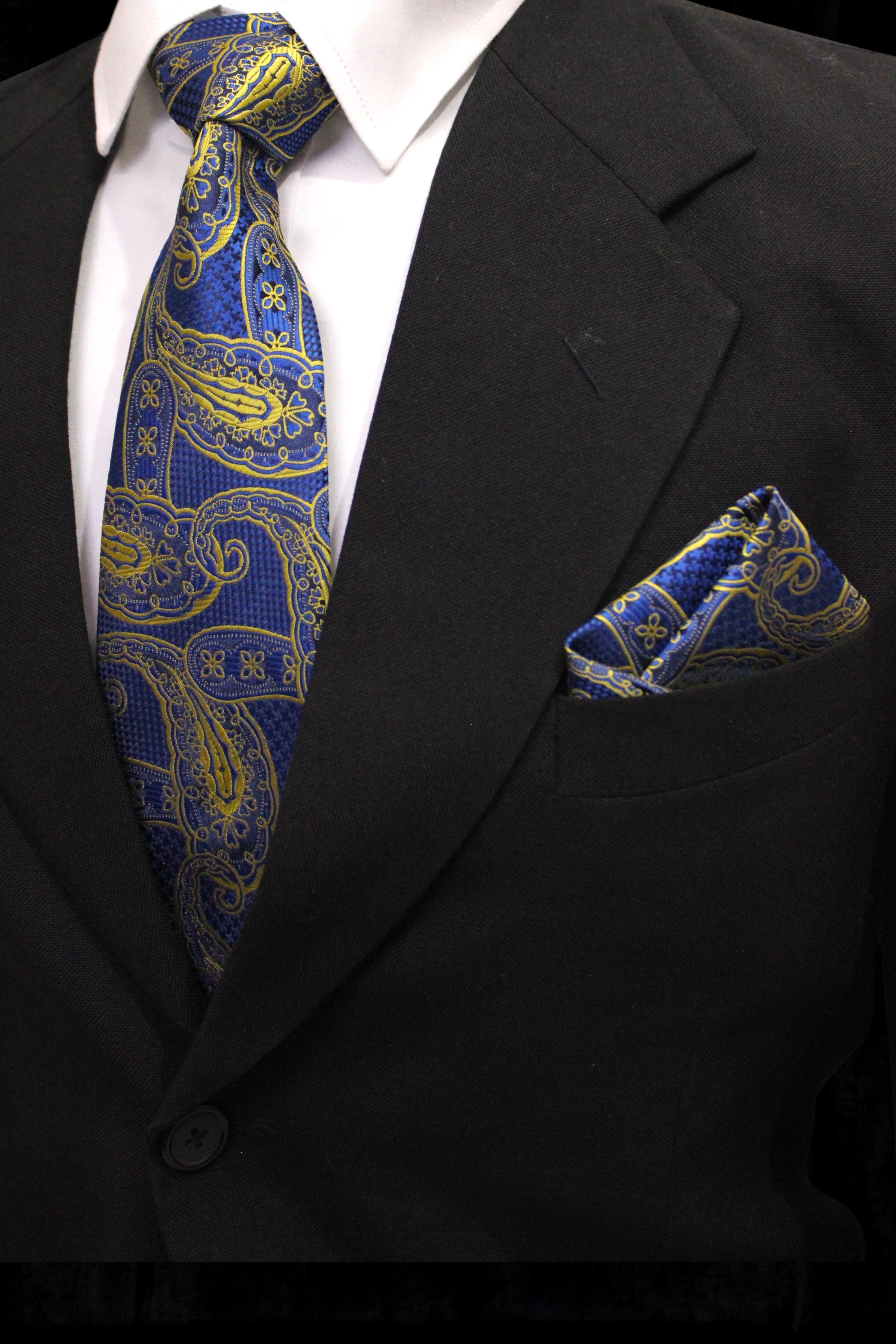 Royal Blue & Yellow Paisley Tie and Pocket Square Set