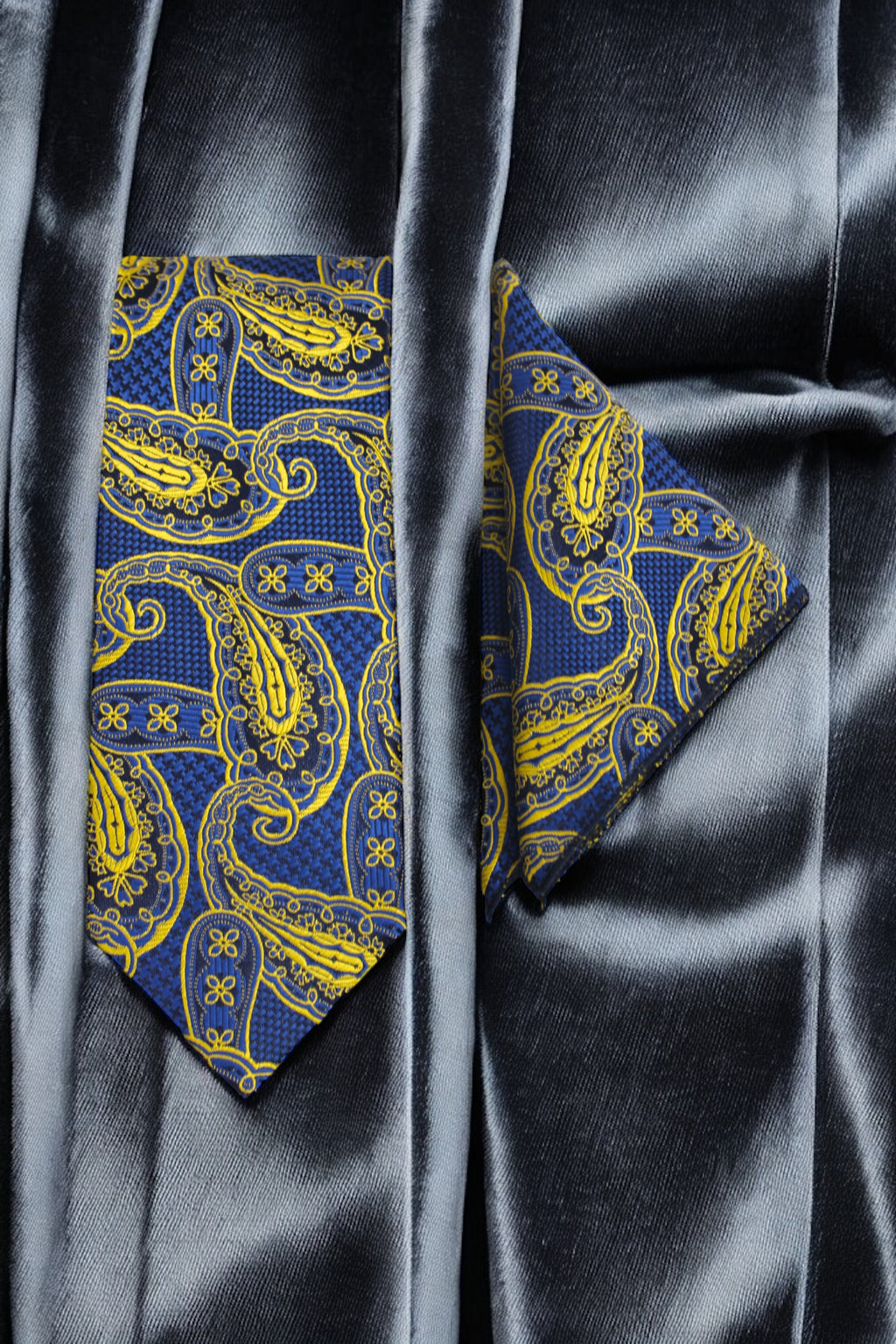 Royal Blue & Yellow Paisley Tie and Pocket Square Set