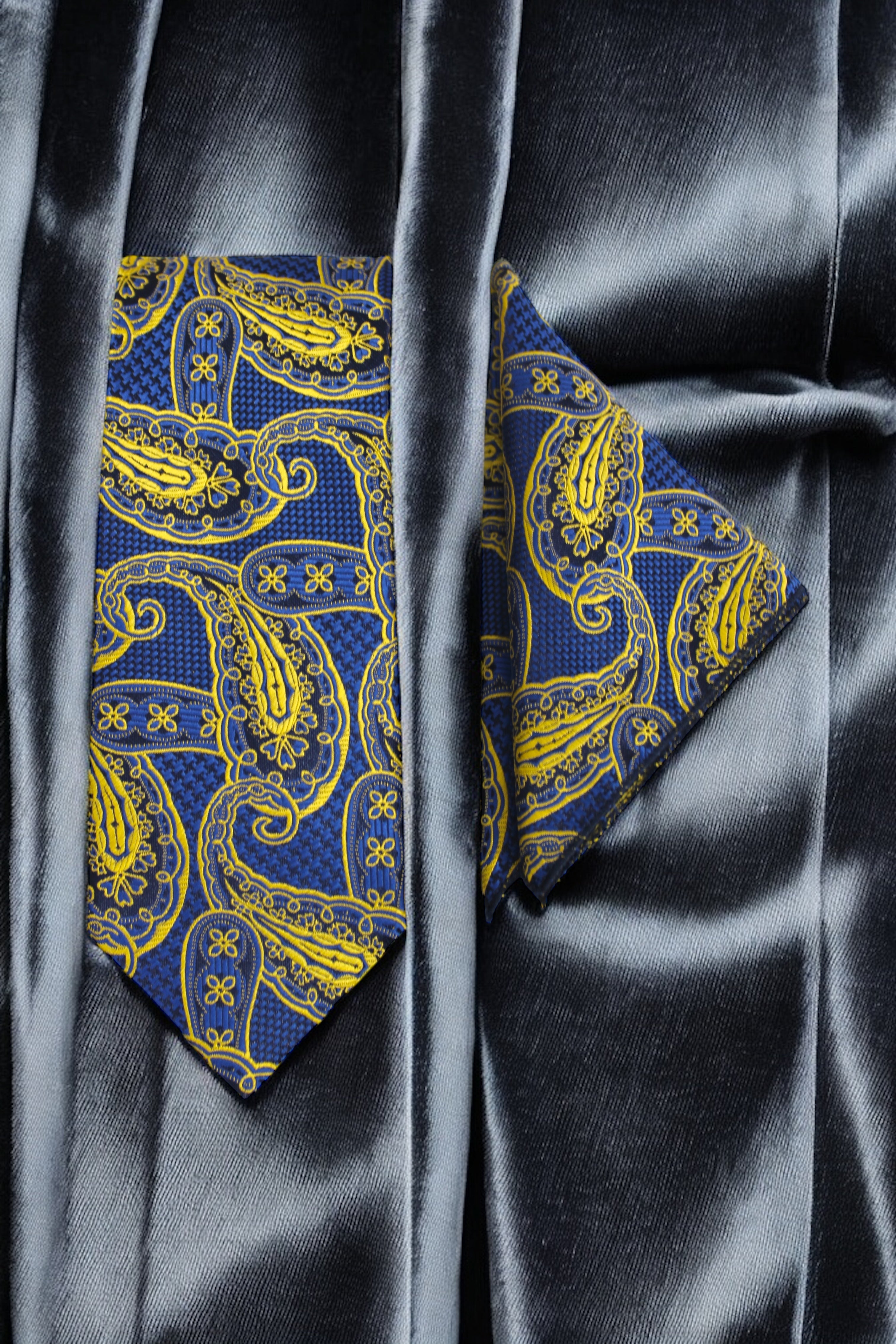 Royal Blue & Yellow Paisley Tie and Pocket Square Set