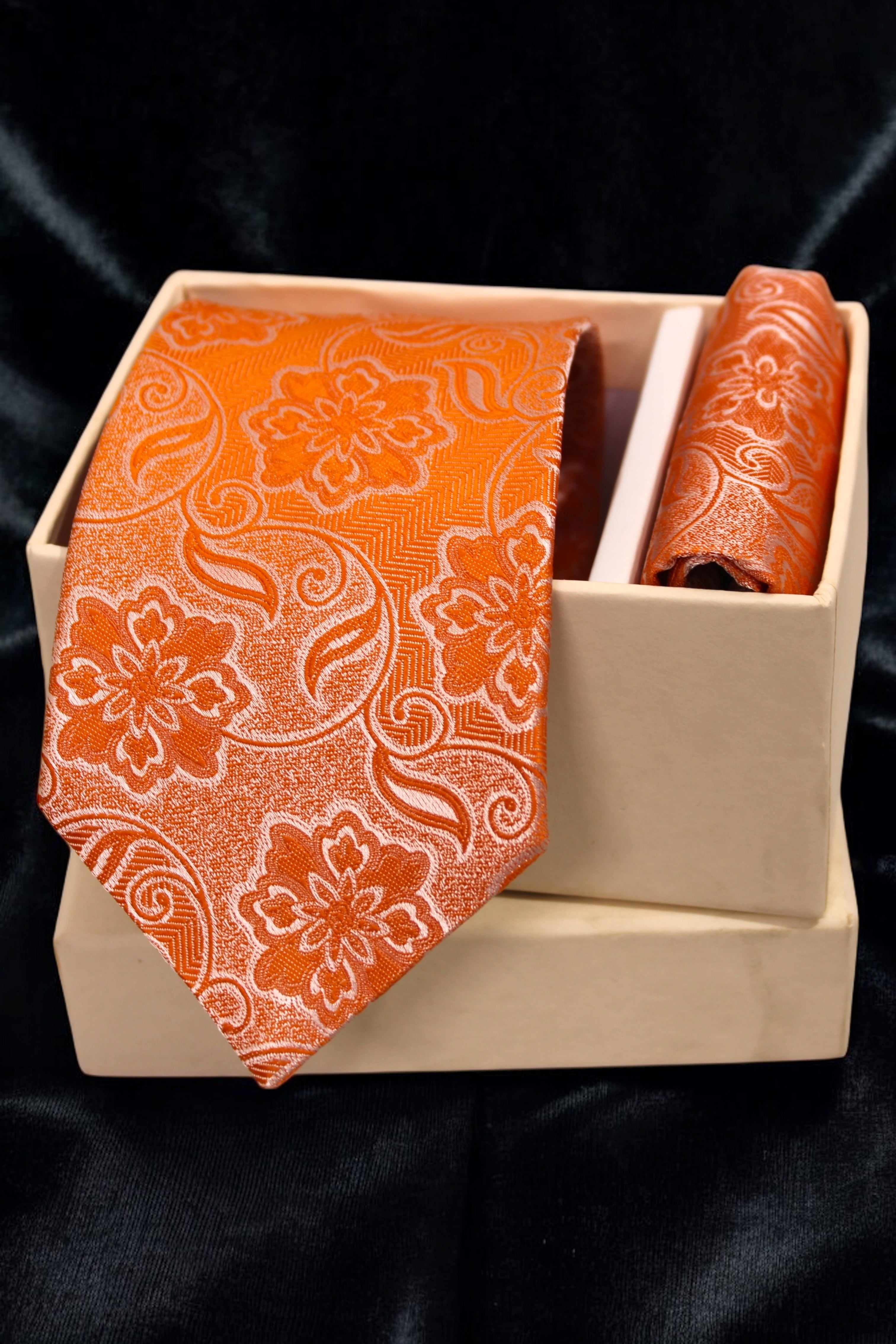 Coral Orange Floral MicroSilk Tie Set