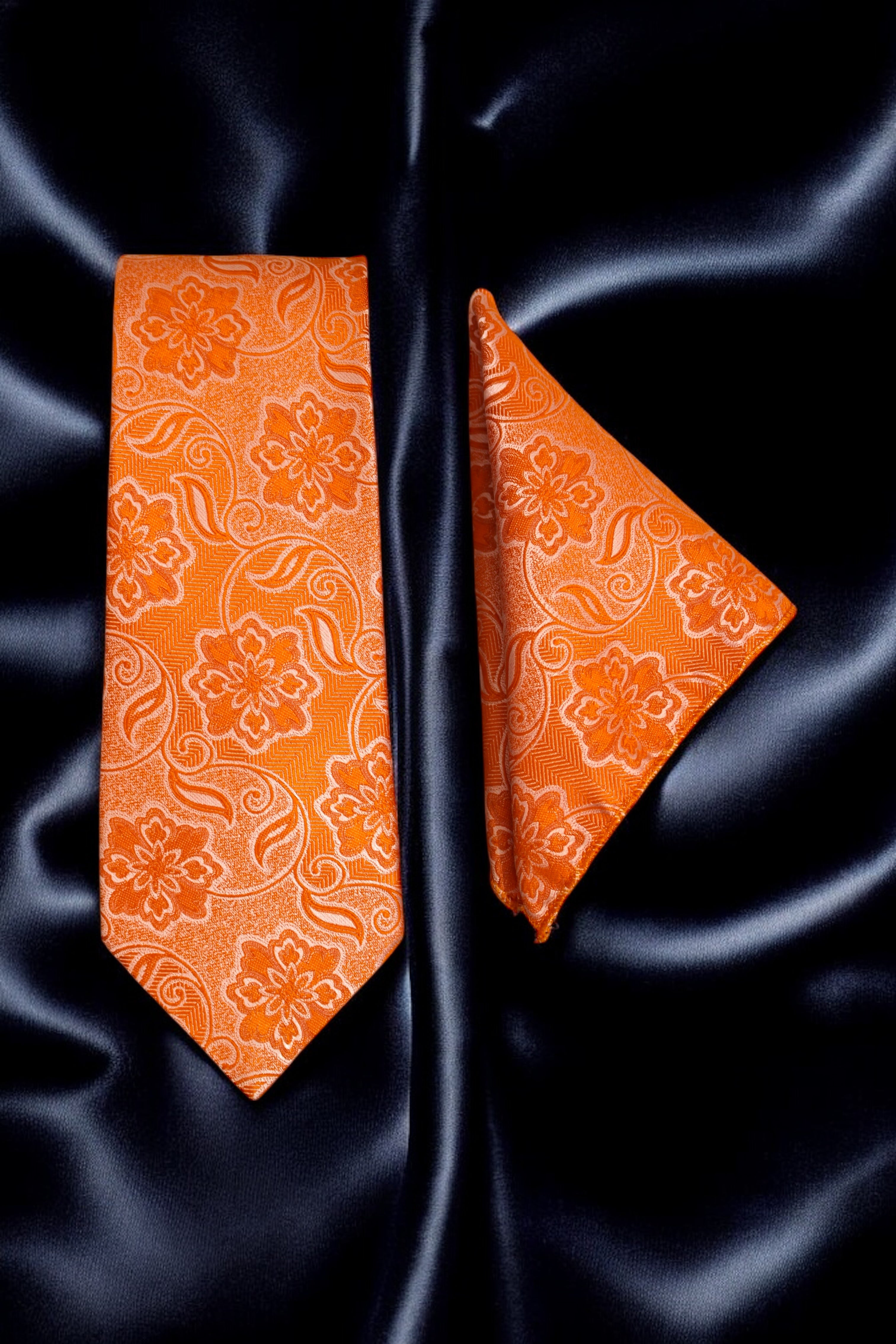 Coral Orange Floral MicroSilk Tie Set