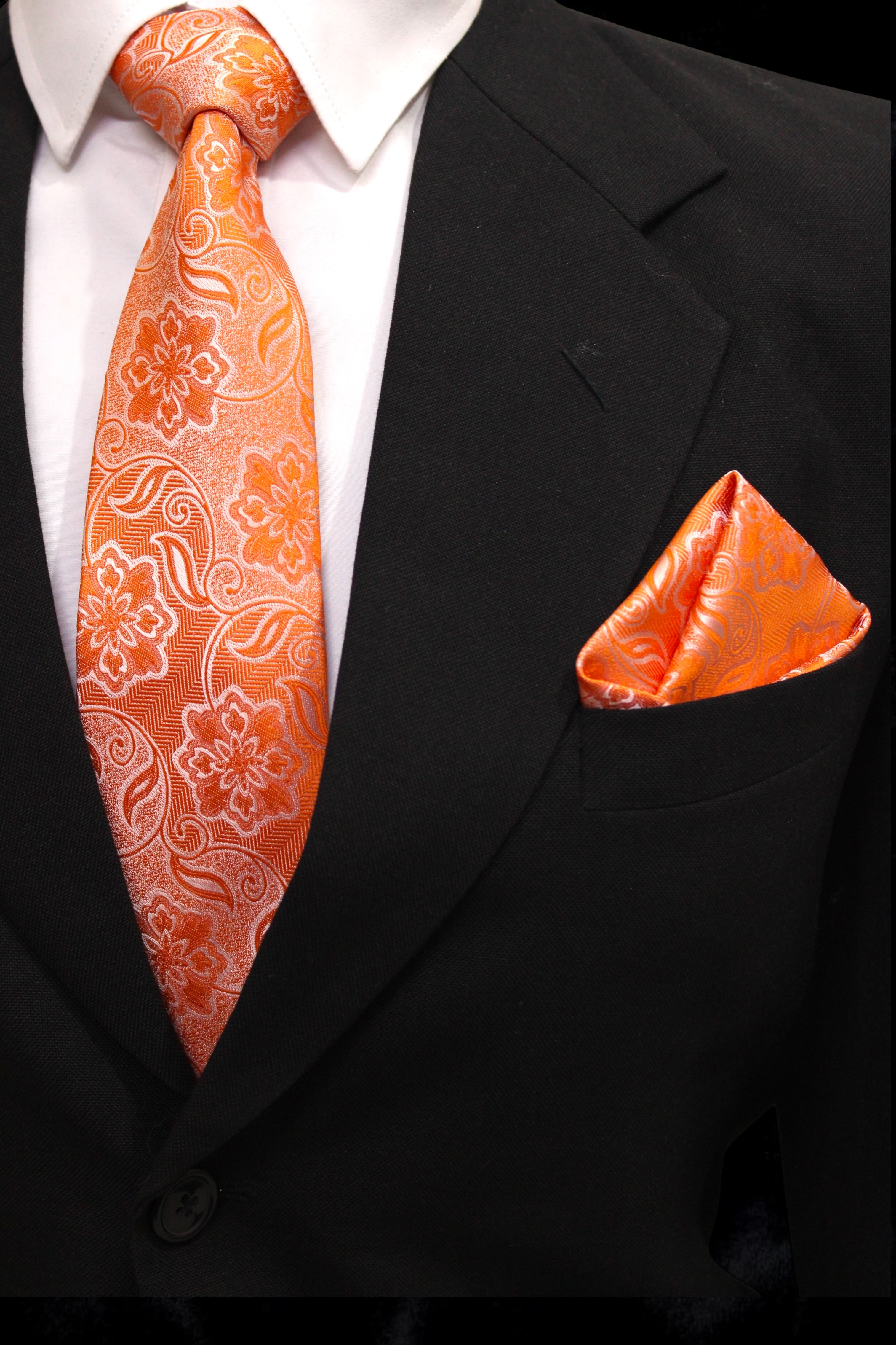 Coral Orange Floral MicroSilk Tie Set