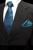 Elegant Teal Blue Paisley Tie & Pocket Square Set