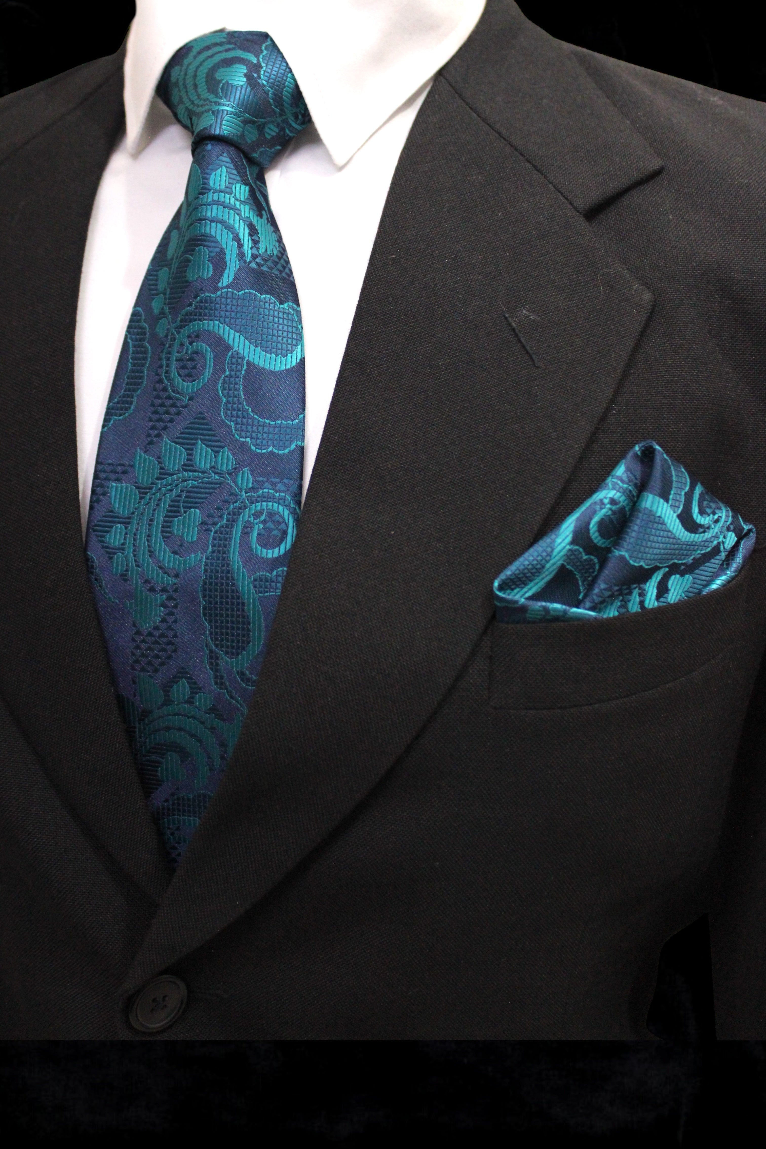 Elegant Teal Blue Paisley Tie & Pocket Square Set