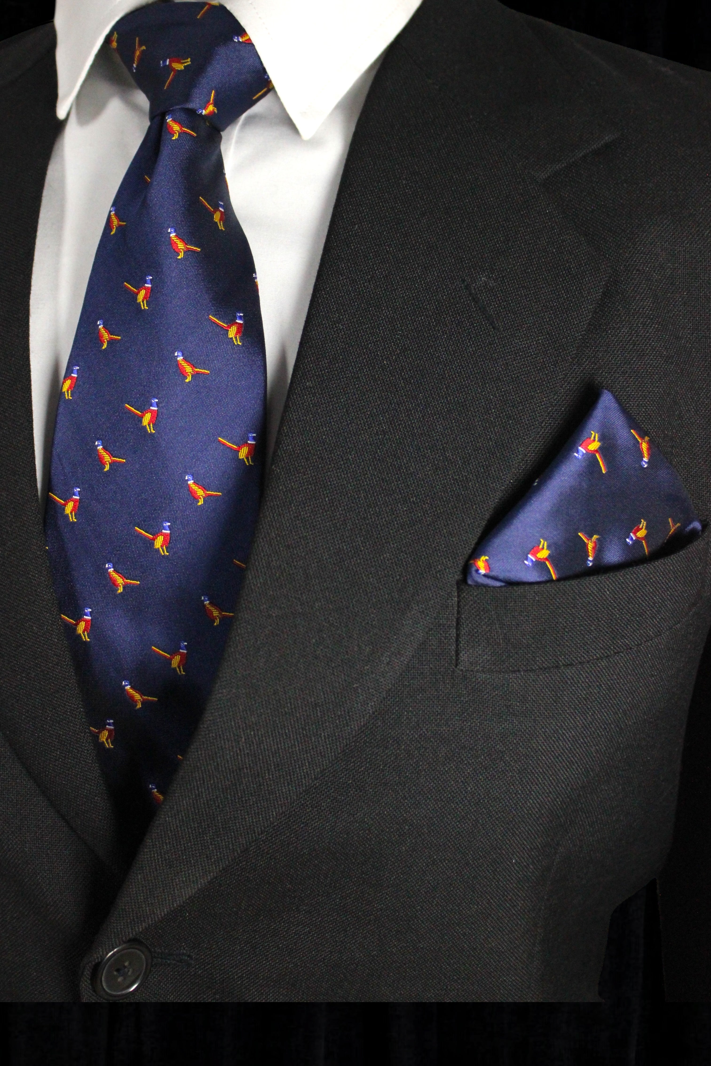 Navy Blue Bird Print Tie & Pocket Square Set