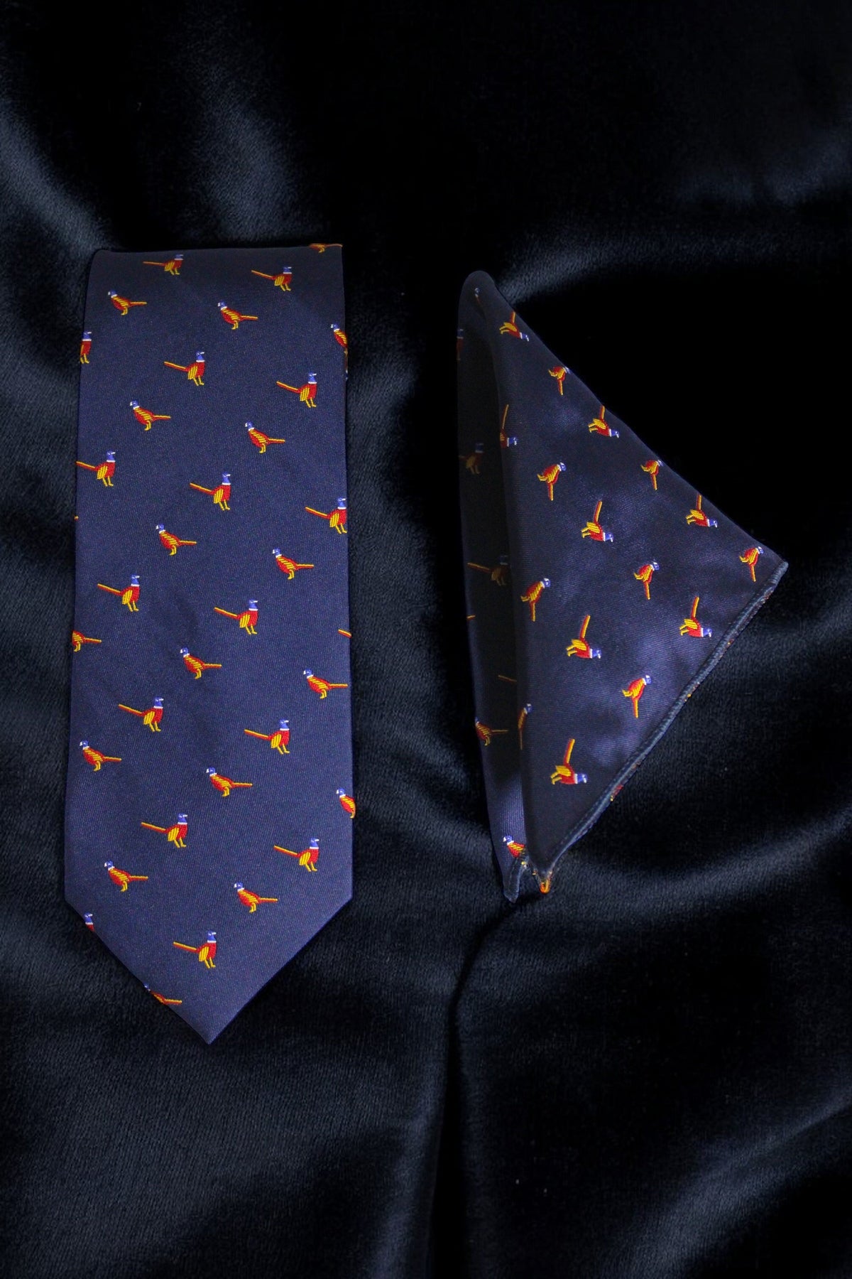 Navy Blue Bird Print Tie & Pocket Square Set
