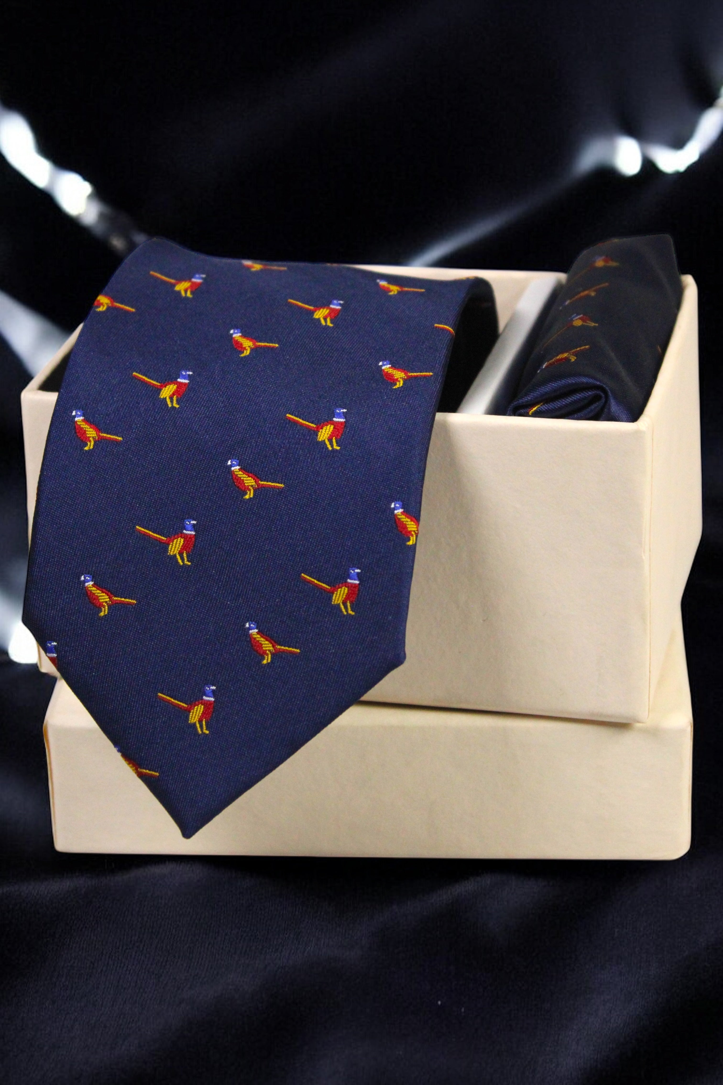Navy Blue Bird Print Tie & Pocket Square Set