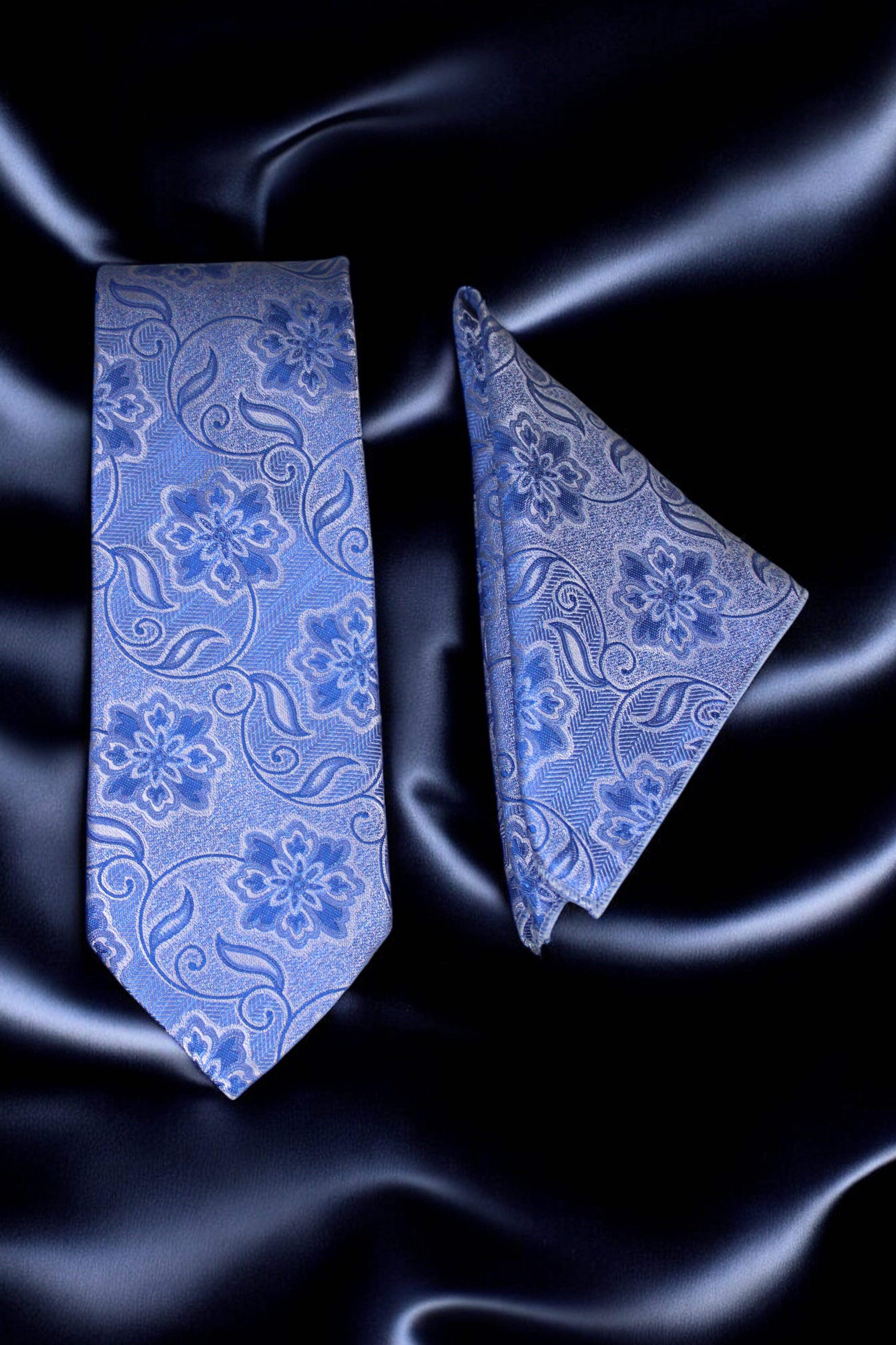 Elegant Blue Floral Tie & Pocket Square Set