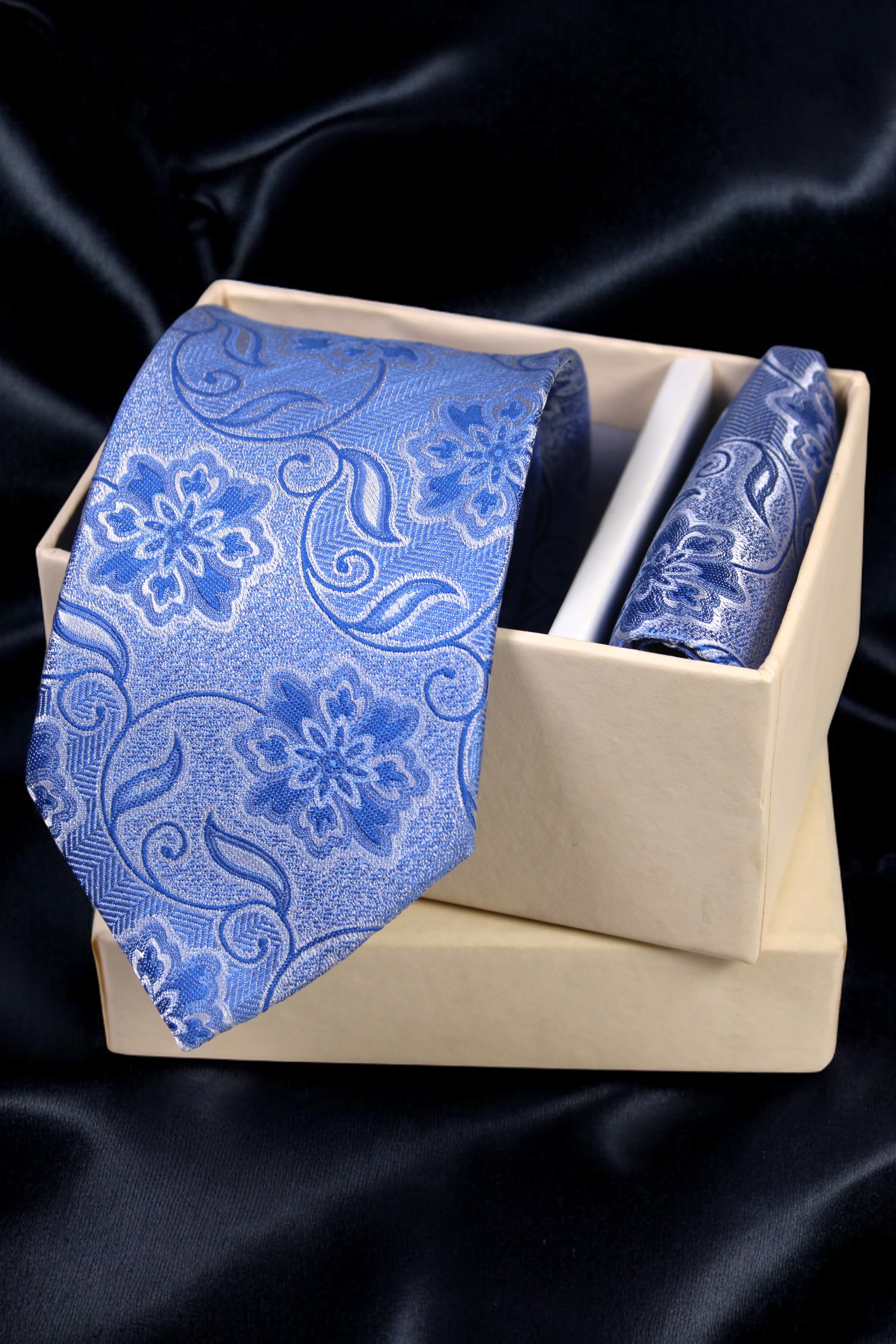 Elegant Blue Floral Tie & Pocket Square Set