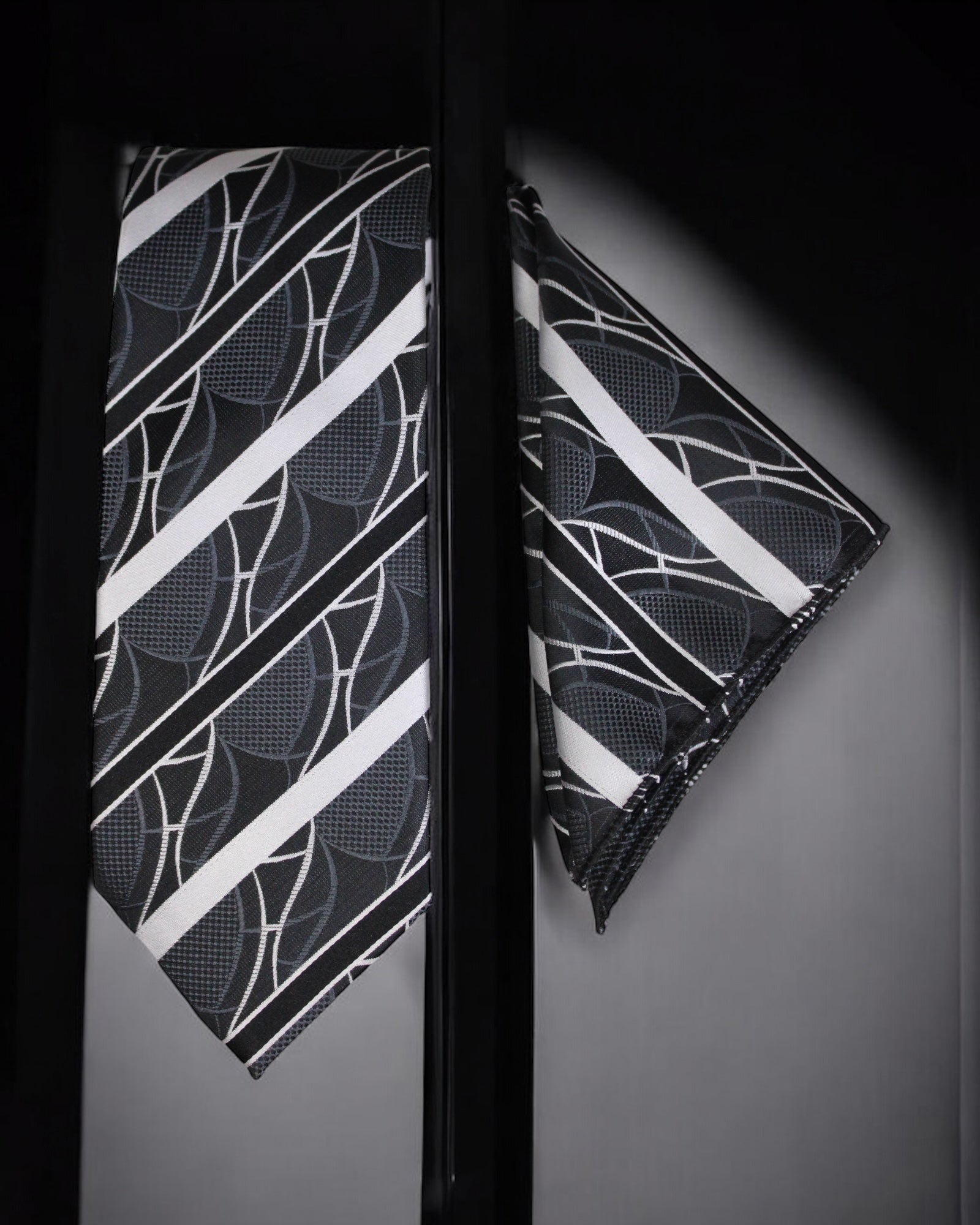 Black & Silver Striped Tie and Pocket Square Set