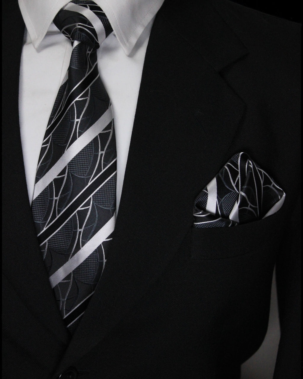 Black & Silver Striped Tie and Pocket Square Set