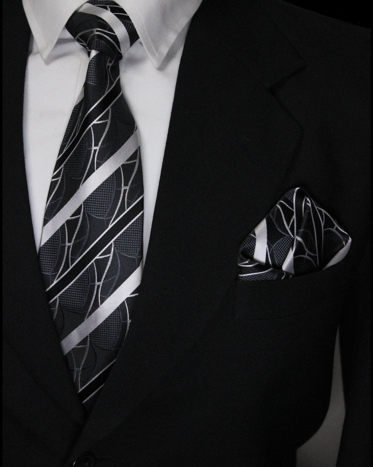 Black & Silver Striped Tie and Pocket Square Set