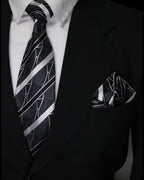 Black & Silver Striped Tie and Pocket Square Set