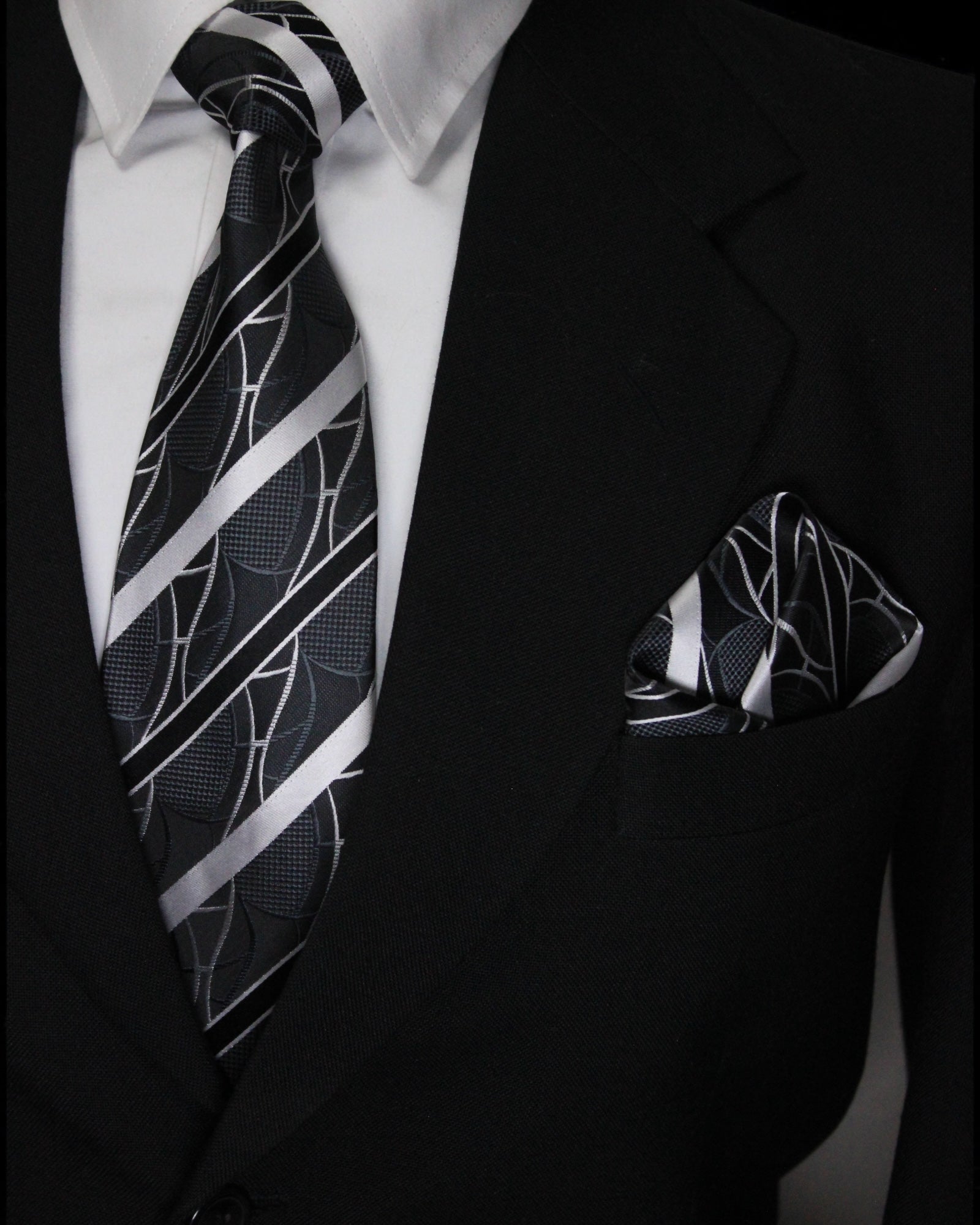 Black & Silver Striped Tie and Pocket Square Set