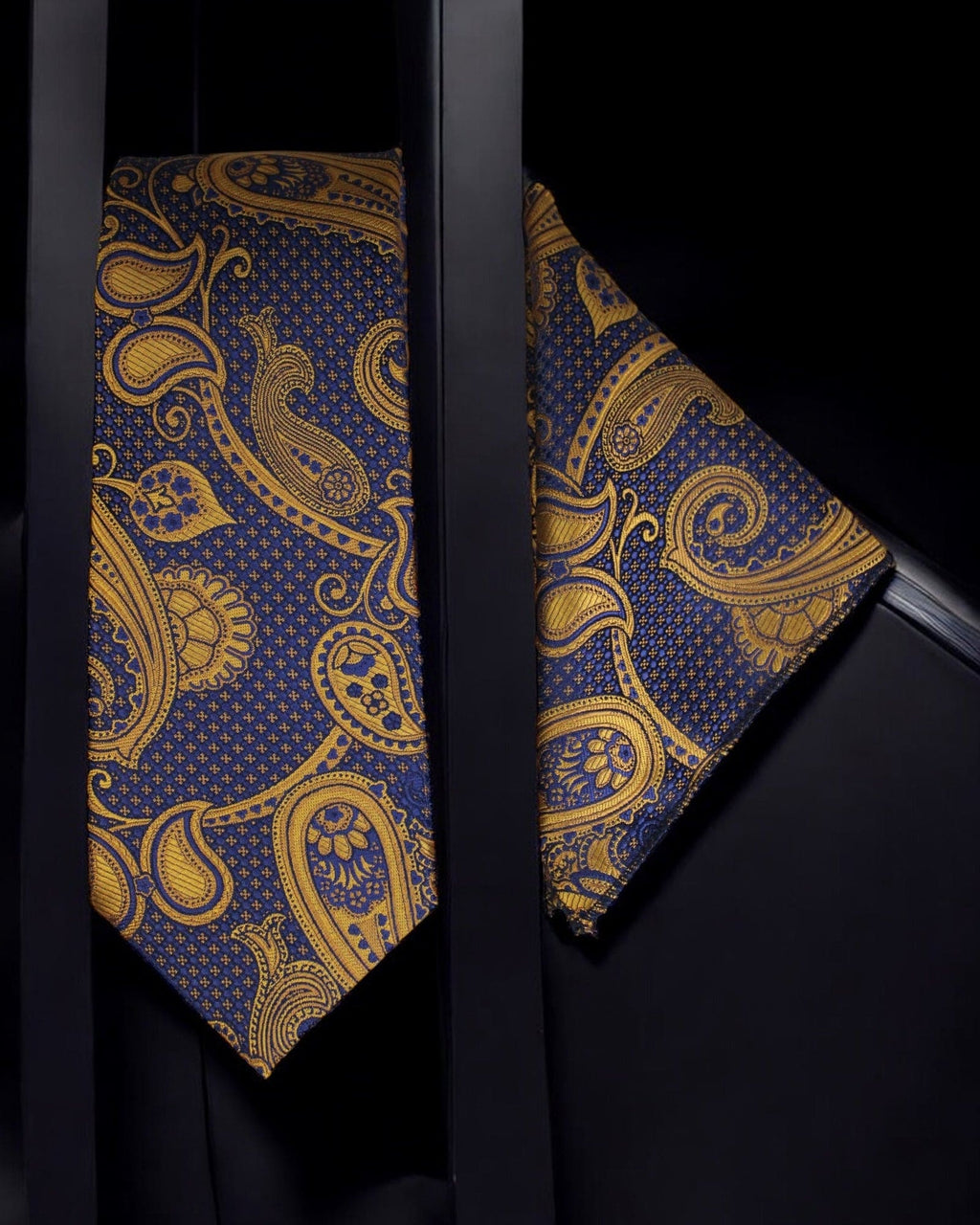 Luxury Blue & Gold Paisley Necktie with Pocket Square