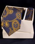 Luxury Blue & Gold Paisley Necktie with Pocket Square