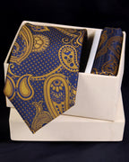 Luxury Blue & Gold Paisley Necktie with Pocket Square