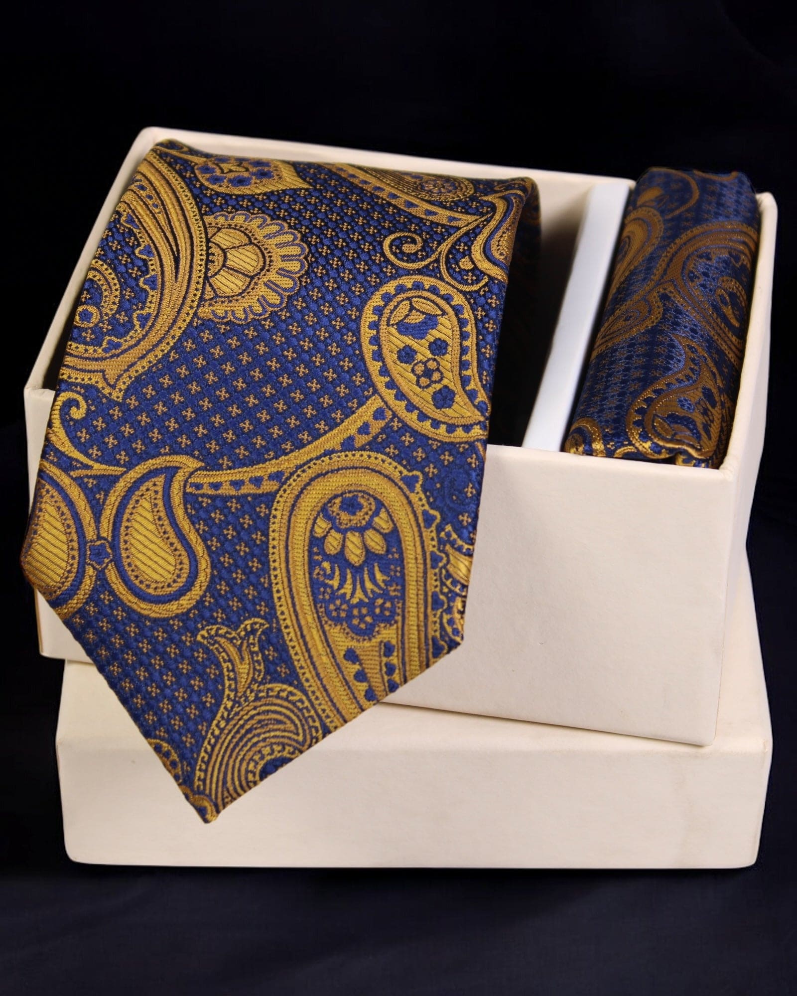 Luxury Blue & Gold Paisley Necktie with Pocket Square