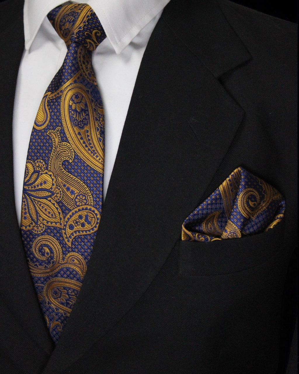 Luxury Blue & Gold Paisley Necktie with Pocket Square
