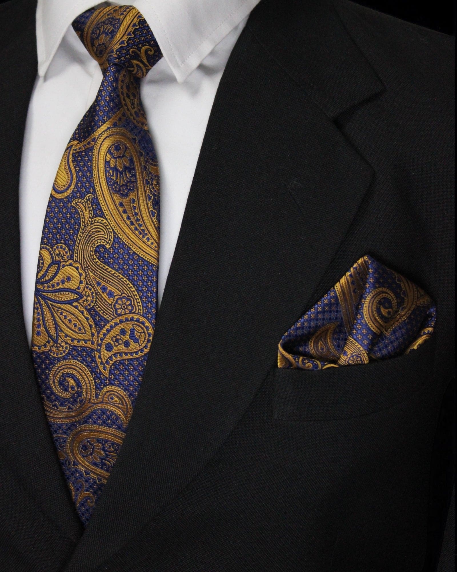 Luxury Blue & Gold Paisley Necktie with Pocket Square
