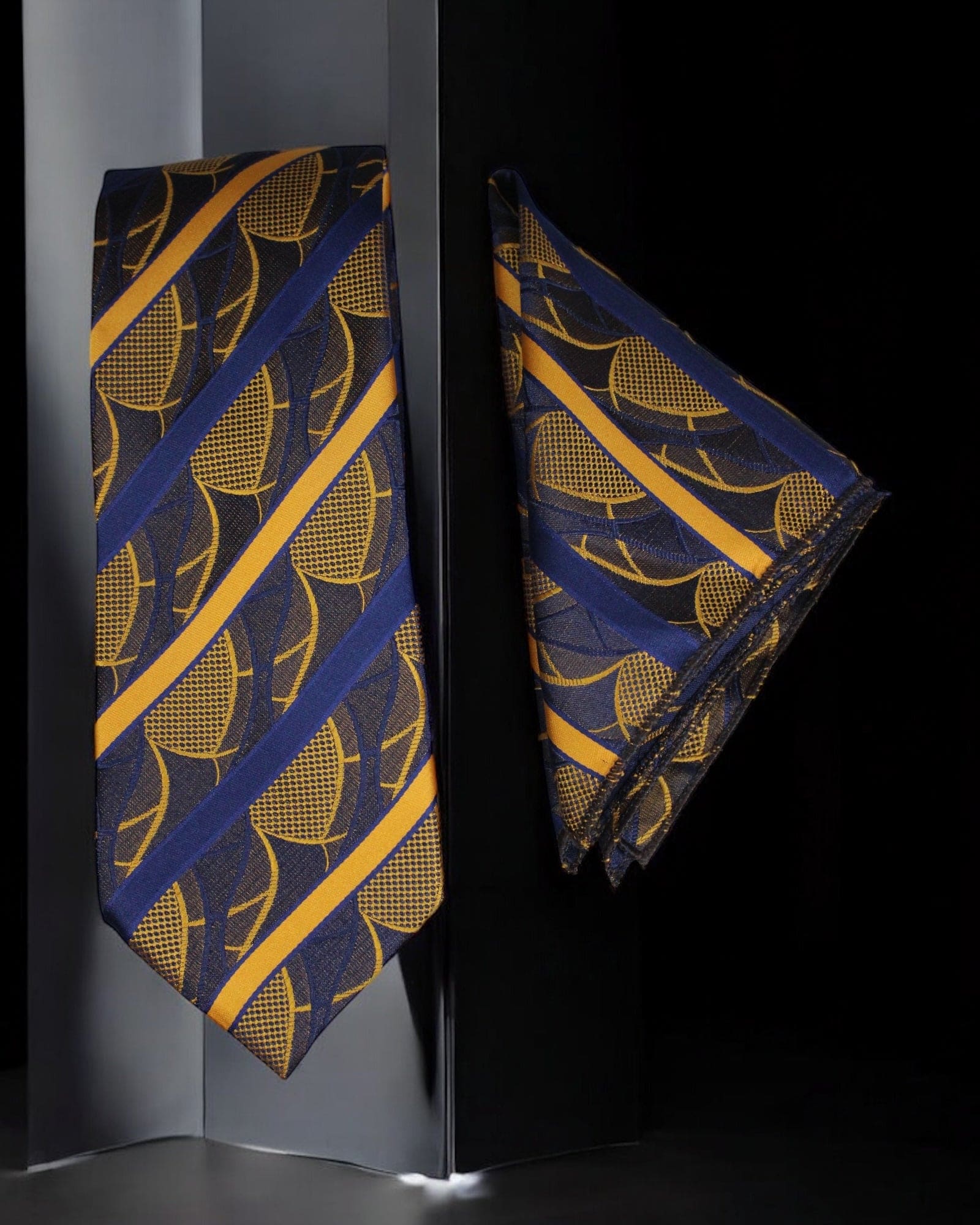 Luxury Yellow & Navy Blue Striped MicroSilk Necktie with Matching Pocket Square
