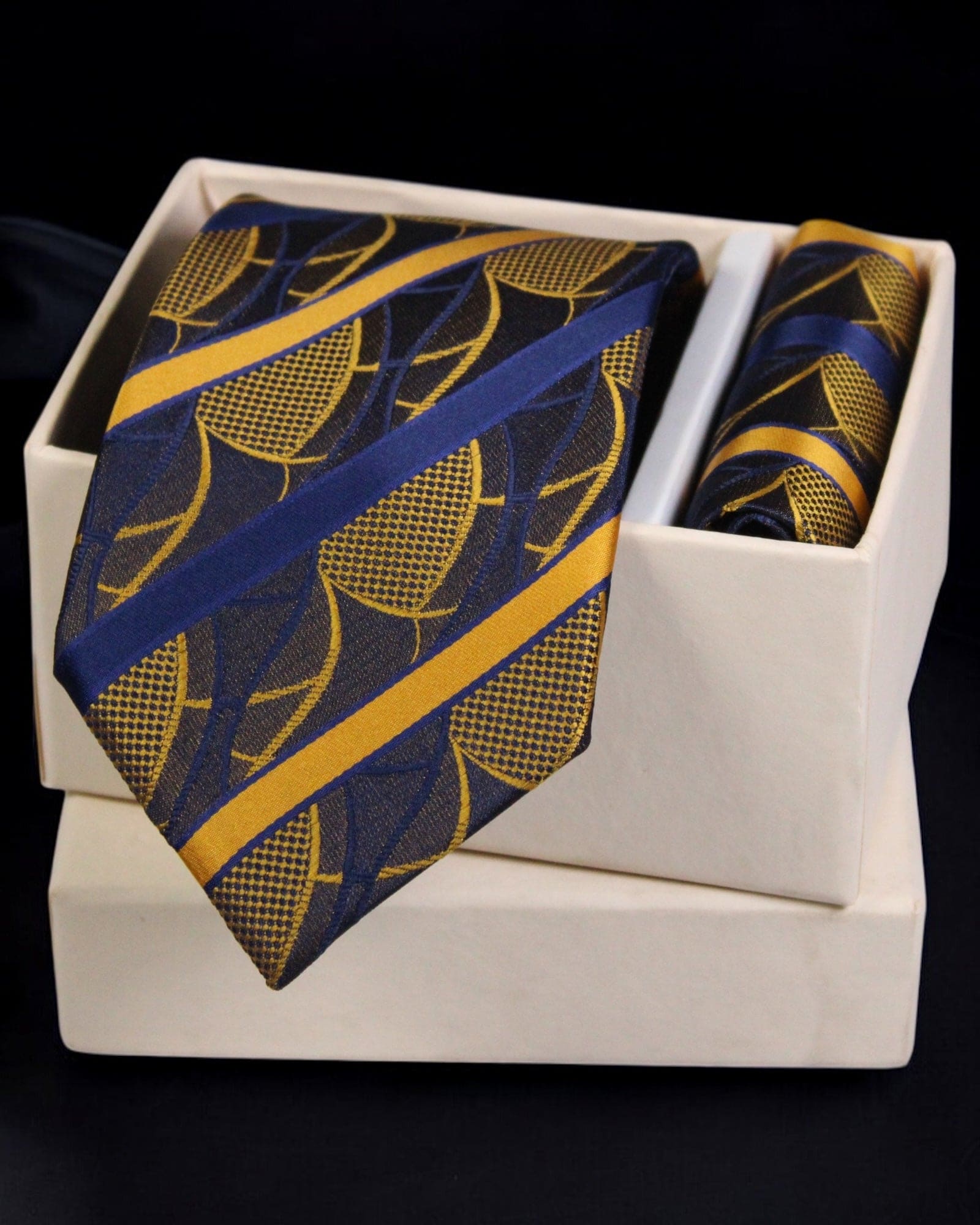 Luxury Yellow & Navy Blue Striped MicroSilk Necktie with Matching Pocket Square
