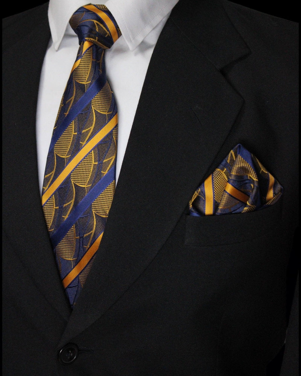 Luxury Yellow & Navy Blue Striped MicroSilk Necktie with Matching Pocket Square
