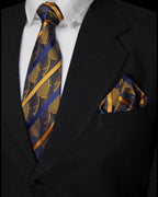 Luxury Yellow & Navy Blue Striped MicroSilk Necktie Set