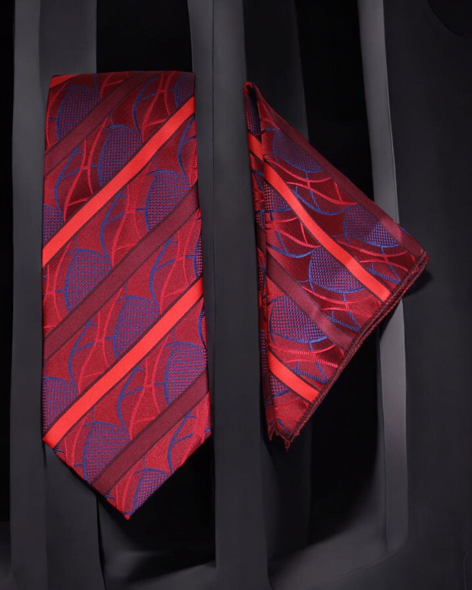 Luxury Red & Blue Striped MicroSilk Necktie with Matching Pocket Square