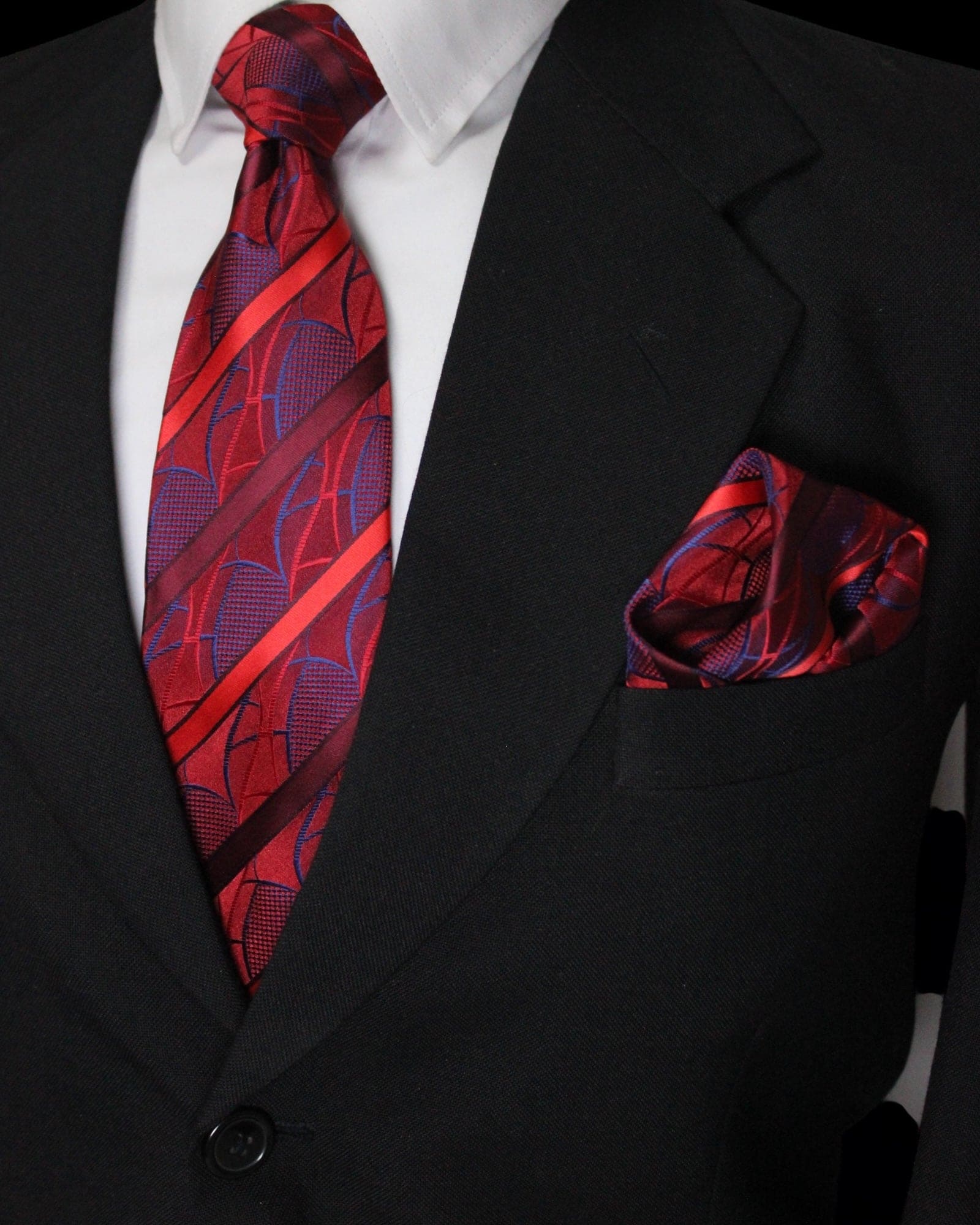 Luxury Red & Blue Striped MicroSilk Necktie with Matching Pocket Square