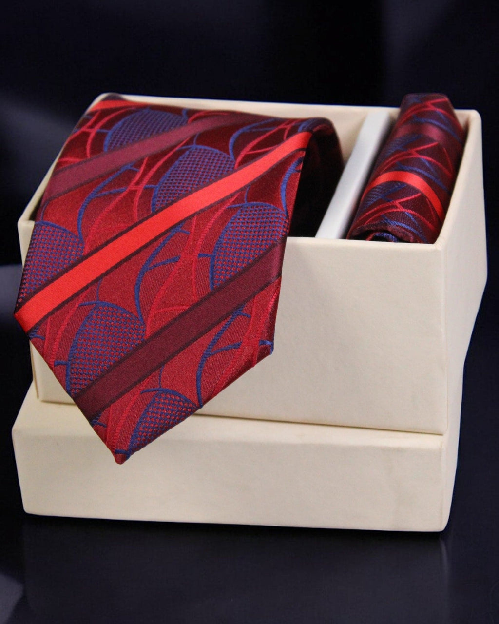 Luxury Red & Blue Striped MicroSilk Necktie with Matching Pocket Square