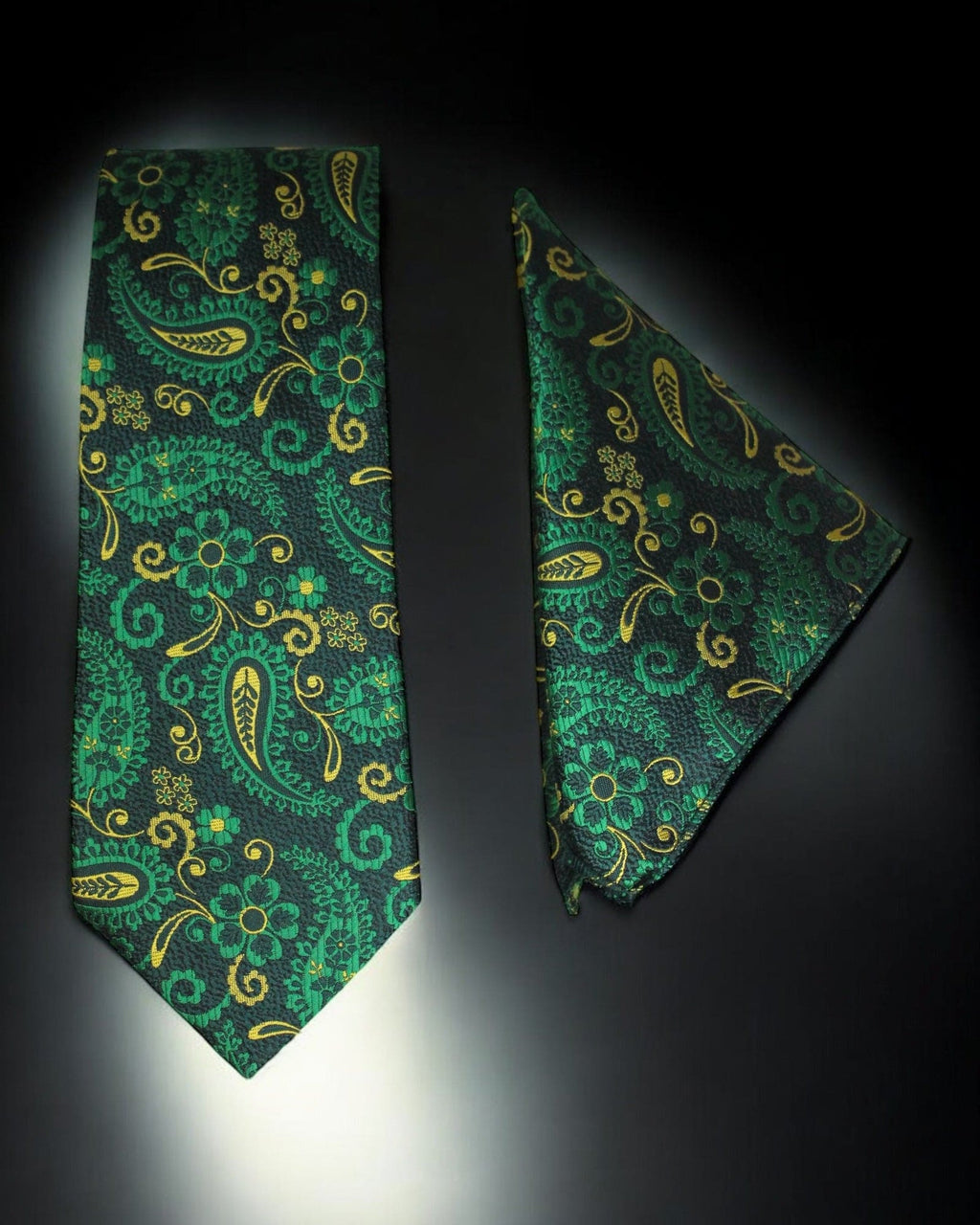 Luxury Green & Gold Paisley MicroSilk Necktie with Matching Pocket Square – Gift Box Set