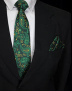 Luxury Green & Gold Paisley MicroSilk Necktie with Matching Pocket Square 