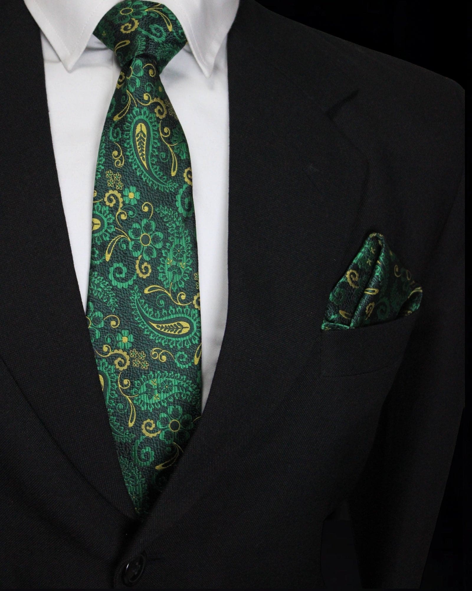 Luxury Green & Gold Paisley MicroSilk Necktie with Matching Pocket Square – Gift Box Set