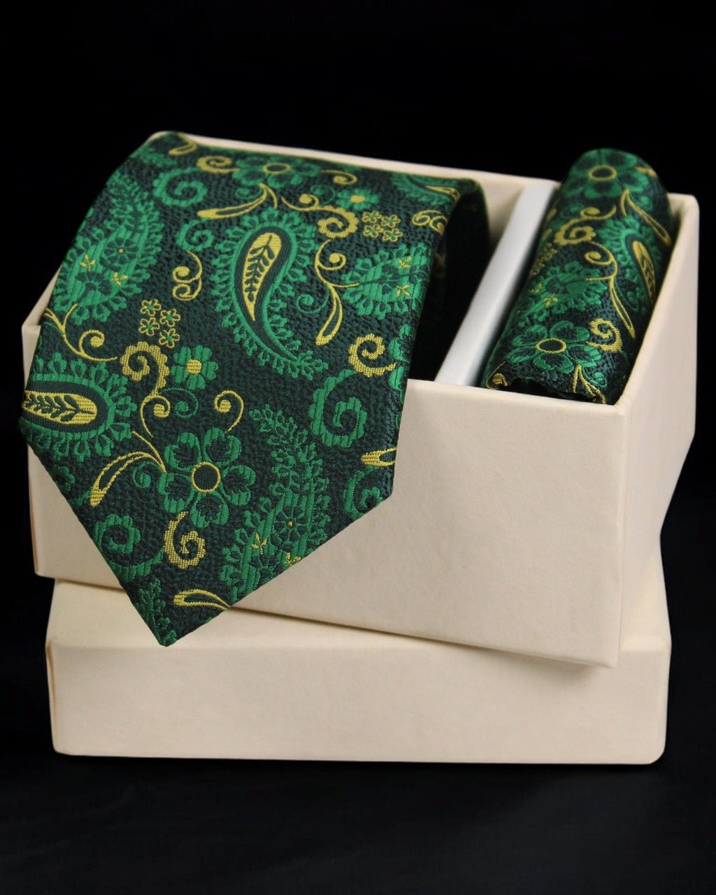 Luxury Green & Gold Paisley MicroSilk Necktie with Matching Pocket Square – Gift Box Set