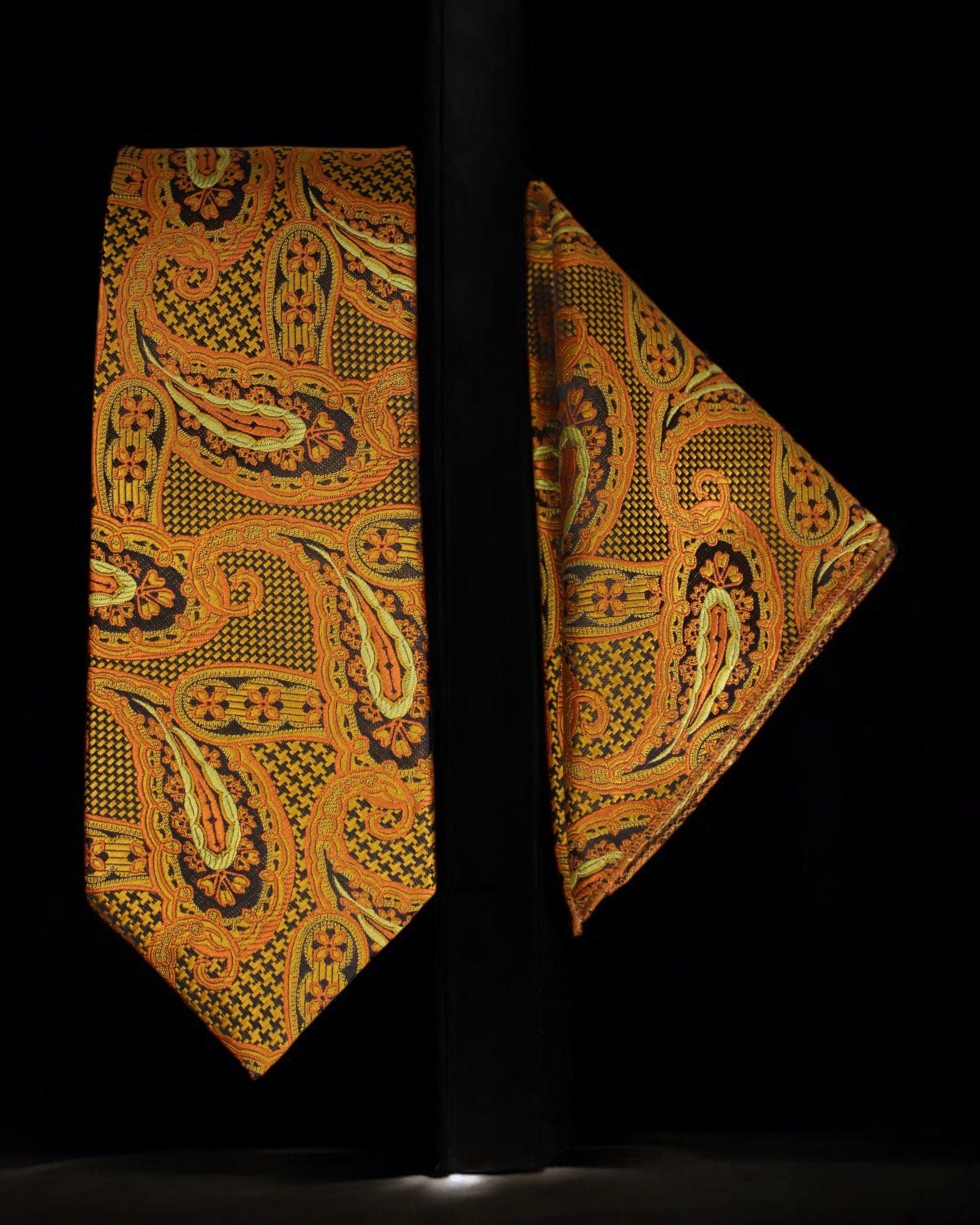 Luxury Orange & Gold Paisley MicroSilk Necktie with Matching Pocket Square