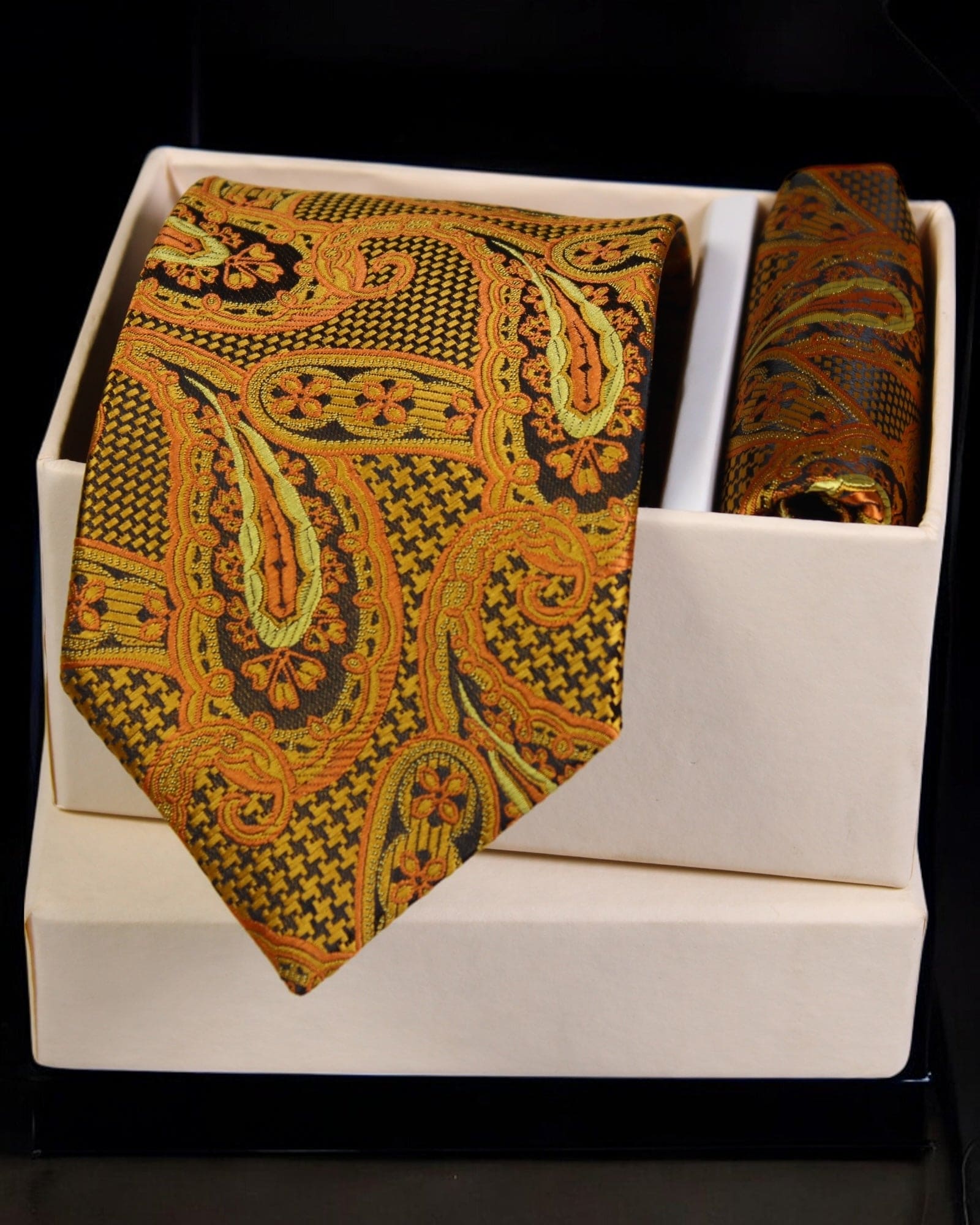 Luxury Orange & Gold Paisley MicroSilk Necktie with Matching Pocket Square