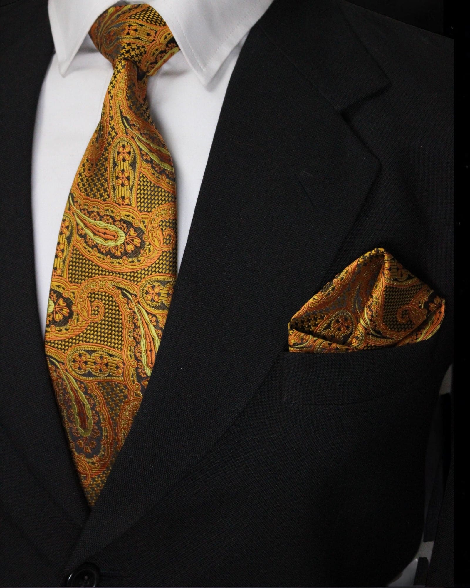Luxury Orange & Gold Paisley MicroSilk Necktie with Matching Pocket Square