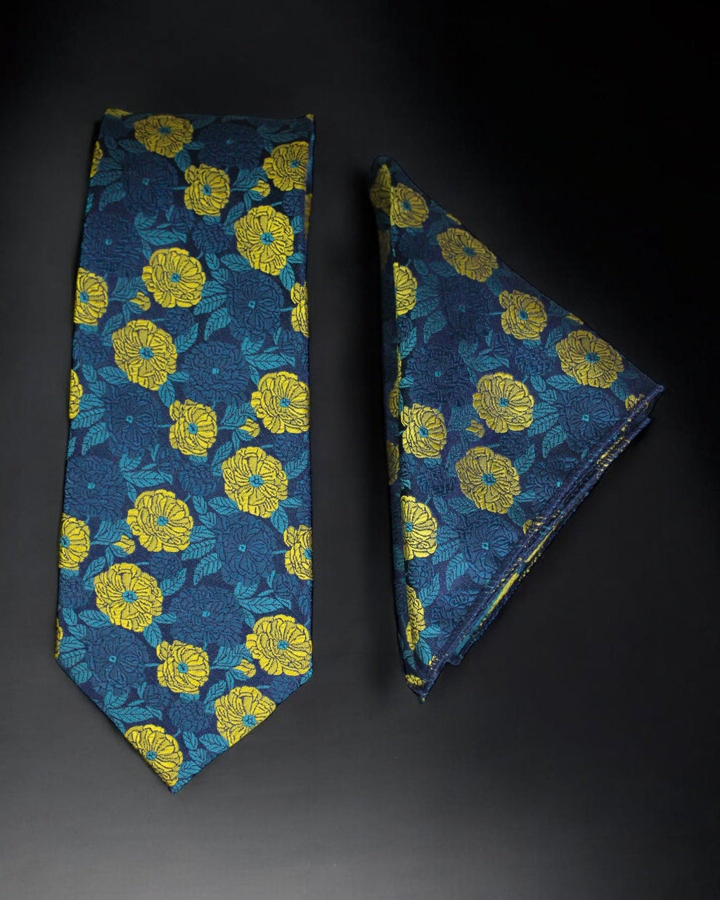 Luxury Blue & Yellow Floral MicroSilk Necktie with Matching Pocket Square