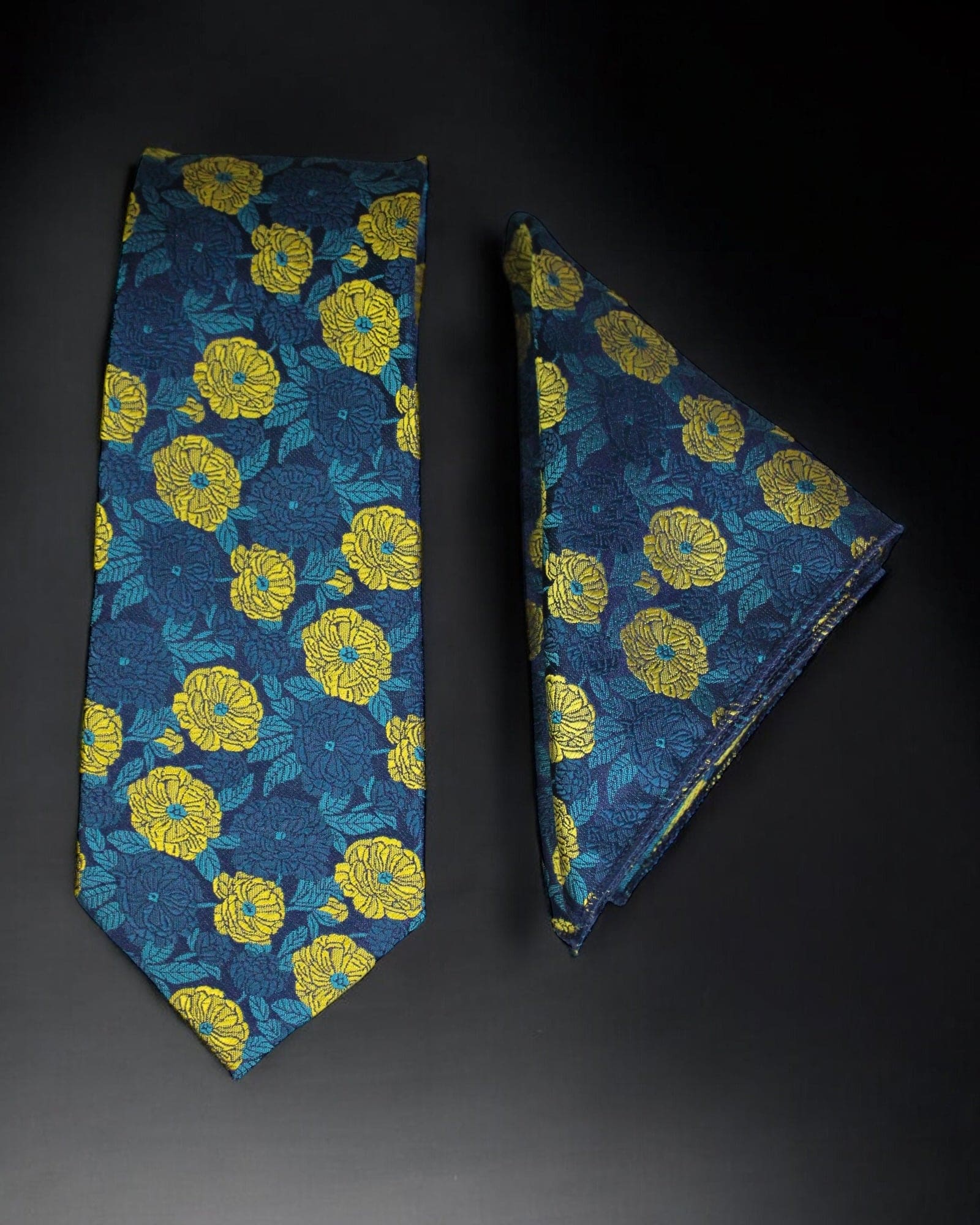 Luxury Blue & Yellow Floral MicroSilk Necktie with Matching Pocket Square