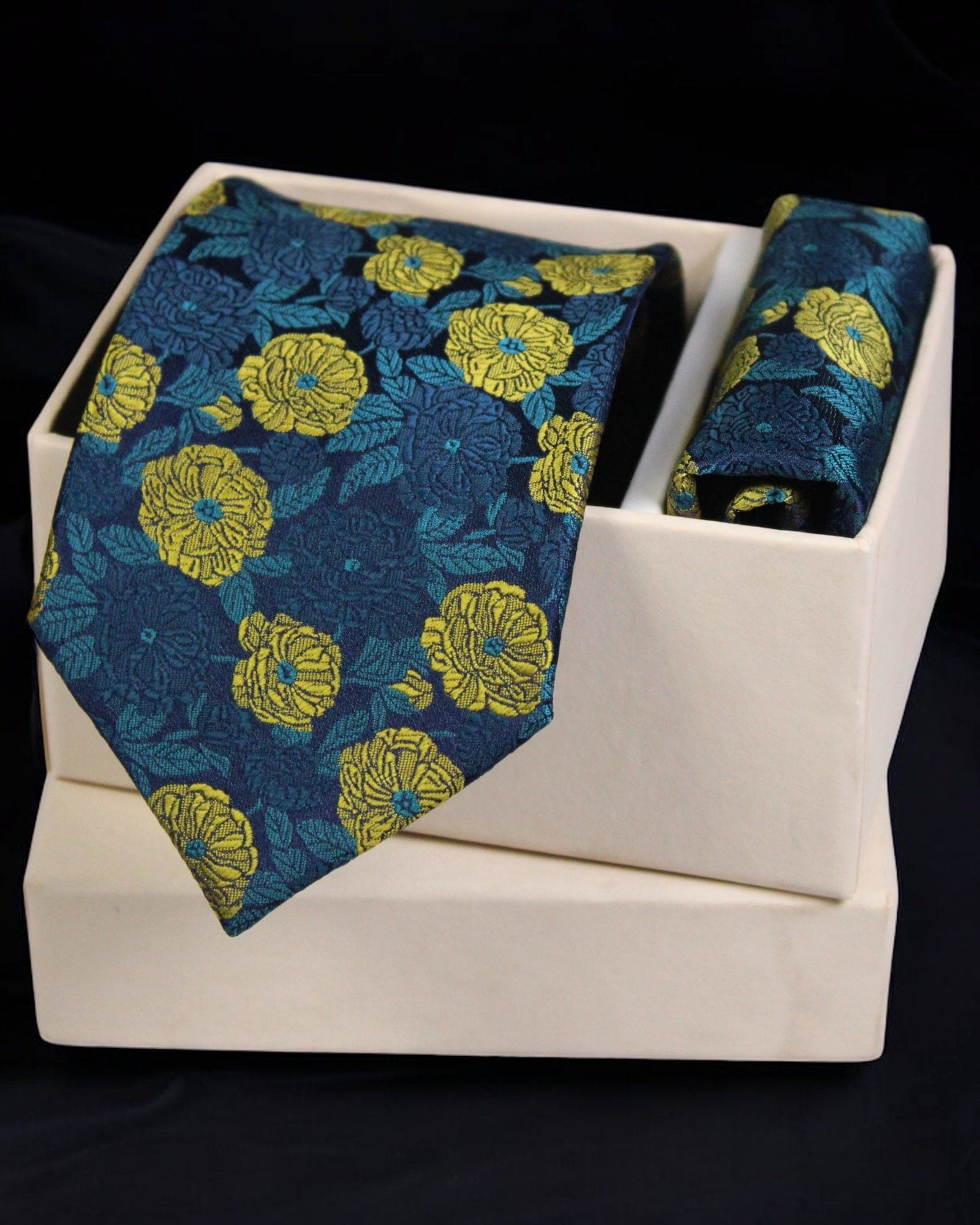 Luxury Blue & Yellow Floral MicroSilk Necktie with Matching Pocket Square